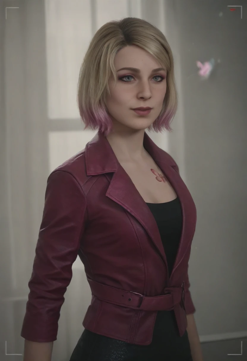 score_9, score_8_up, score_7_up, rating_safe, 
1girl, solo, (<lora:SH2R_Mary:0.75> SH2R_Mary, blonde hair, short hair, multicolored hair, pink dyed tips, blue eyes, makeup, pink eyeshadow, magenta lipstick, butterfly tattoo on her chest, wearing a black sequin dress, a purple leather jacket, purple leather belt, black pantyhose, bracelet, ring, black choker, purple nails, brown leather boots), 
clothed, clothed_female, clothing, tight_clothes, skindentation, skimpy_outfit, 
orgasm, open mouth,  
Standing tall, hands on hips, looking confident, 
80mm, From behind, highlighting the back of the subject and their environment, shot on a Sony A9 II camera, Reflected light,
detailed, ultra detailed,
cinematic, depth of field, bokeh, best quality, film grain, realistic, raw, 8k uhd, ultra-detailed, Rim Lighting, Rays of Shimmering Light,
(location is a formal interview setting, with a professional backdrop, microphones, recording equipment, and serious expressions:1.2),
weather is starry,
season is spring,
time of day is at noon,
(((Ultra-HD-details))), (((Ultra-HD-quality-details)))