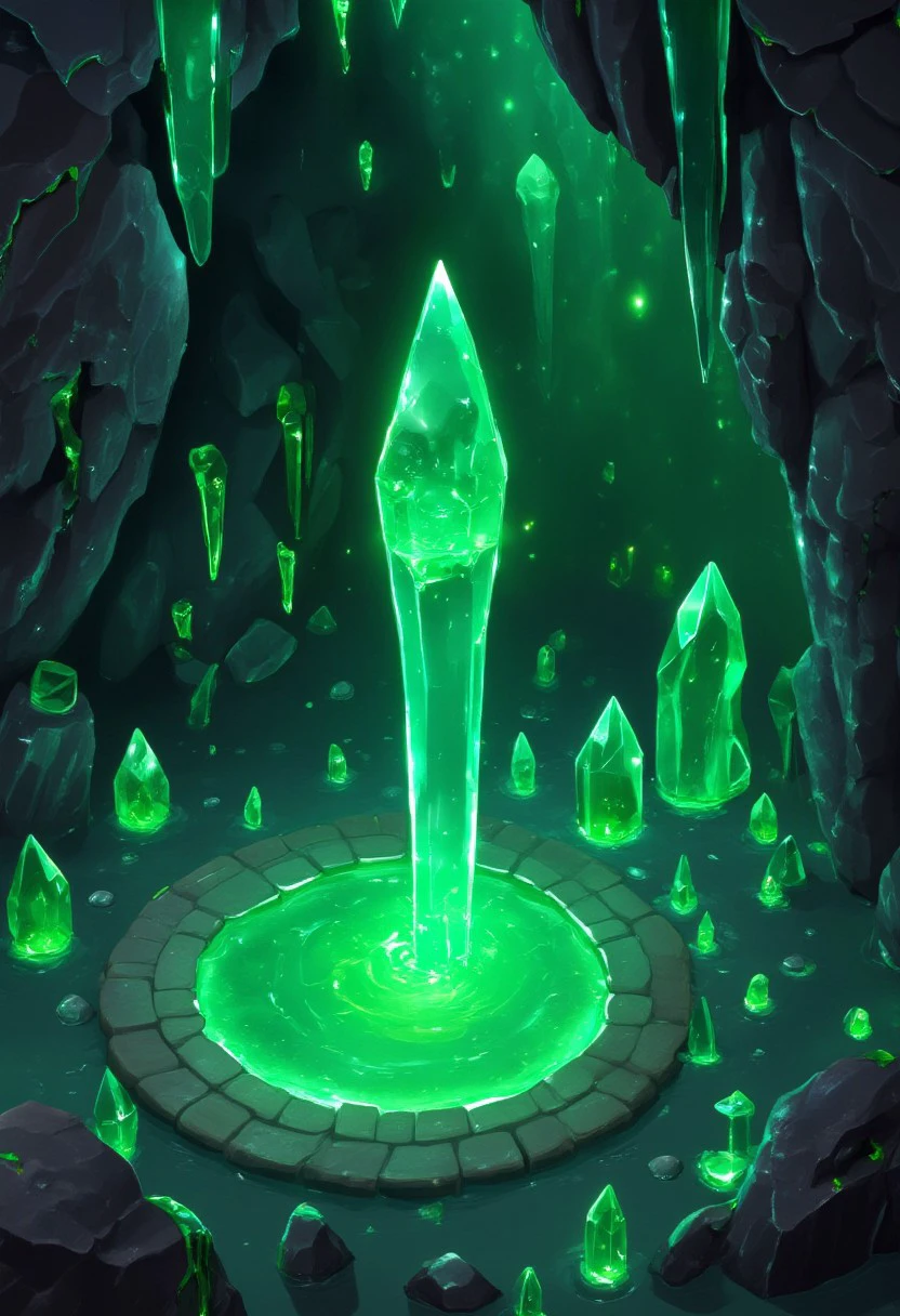 ((masterpiece, best quality)), absurdres, StylizedSetting, 
cave, green crystal, magic, green glowing, slime,