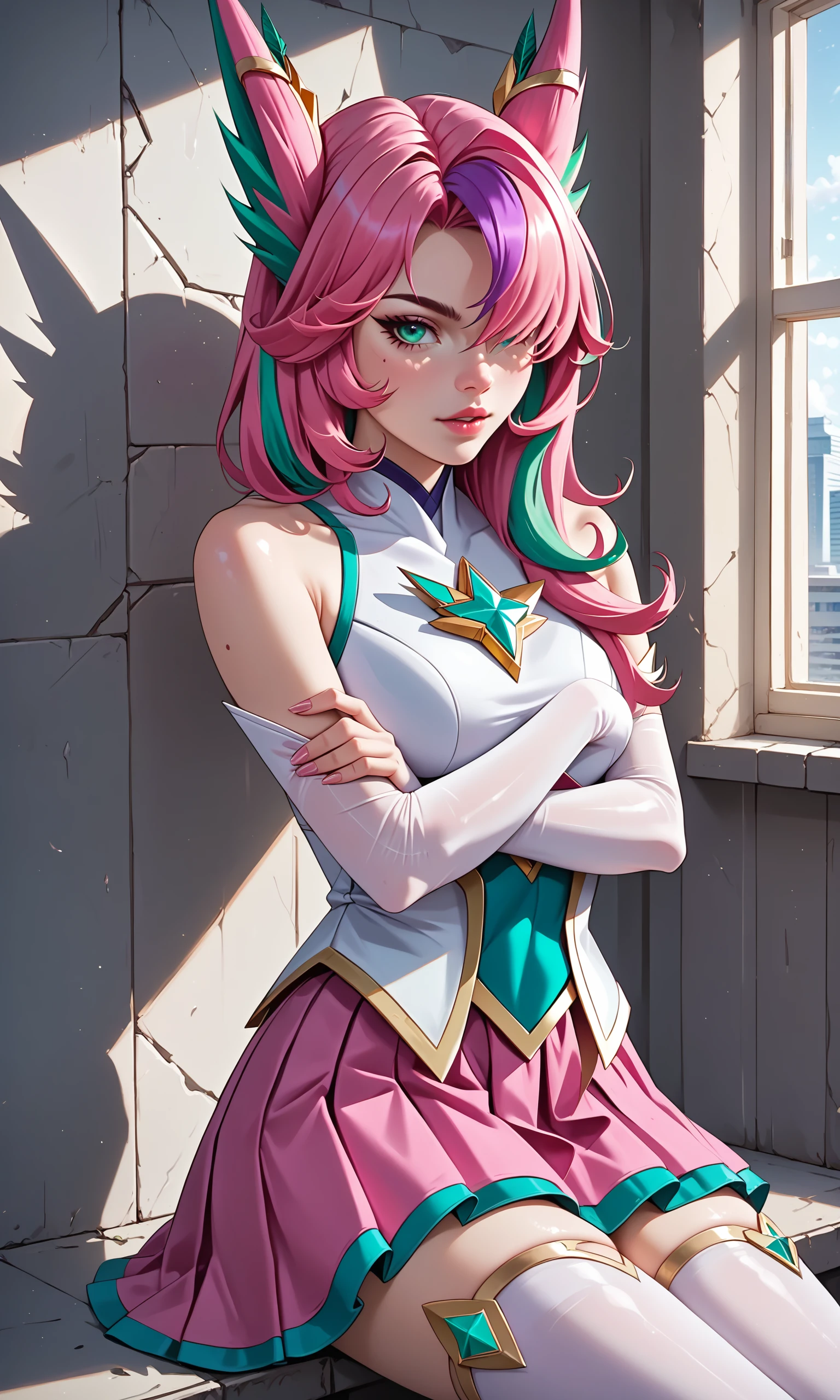 score_9, score_8_up, score_7_up, (solo, 1girl), (absurdres, ,highres), (masterpiece, best quality), (perfect details, highest detailed, extreme detailed),
<lora:RedeemedSGXayahSDXL-000040:0.75>, (pink hair, long hair, pink and green hair, pink skirt,  thighhighs,  redeemed star guardian xayah, multicolored hair , hair over one eye, elbow gloves, bare shoulders, hair ornament , green eyes), sitting on wall with crossed arms