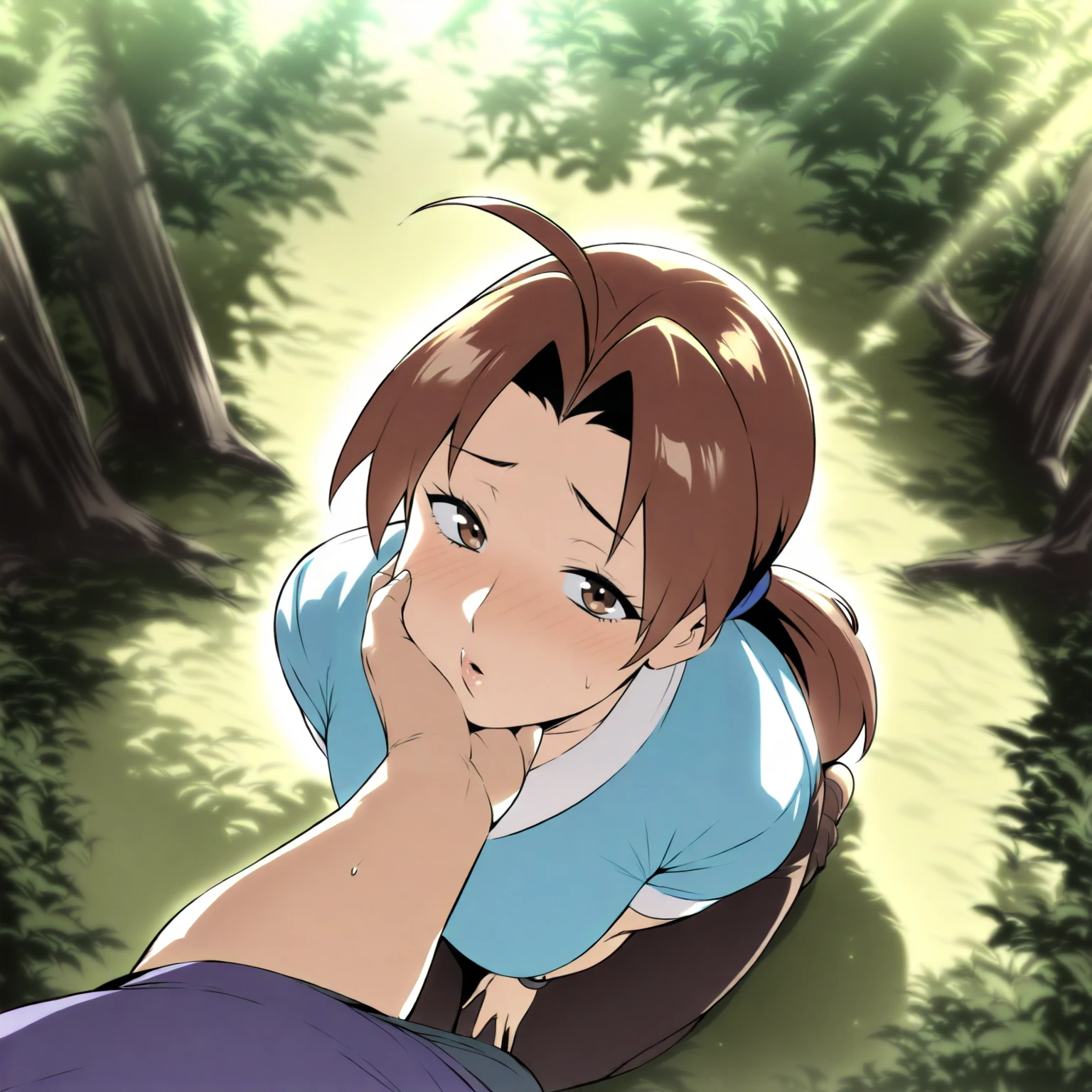 masterpiece, newest, (artist:orushibu. takeda hiromitsu:1.1), highres, 2023, 
chin grab, pov,
1girl, brown eyes, brown hair, ponytail, Delia Ketchum, Delia Ketchum (pokemon),mature female, submissive, blush, kneeling,
1boy, from above, looking at viewer,
outdoors, dim lighting, forest in background, sunlight, <lora:VillainousFaceHoldIllustriousXL_byKonan:1>