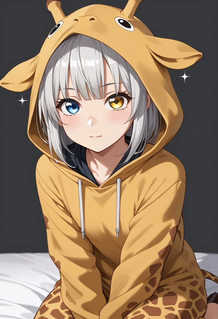 (masterpiece), best quality, expressive eyes, perfect face, raana, white hair, grey hair, (yellow eyes:1.1), (blue eyes:1.1), heterochromia, looking at viewer, animal costume , hoodie, giraffe costume, sparkle, sitting