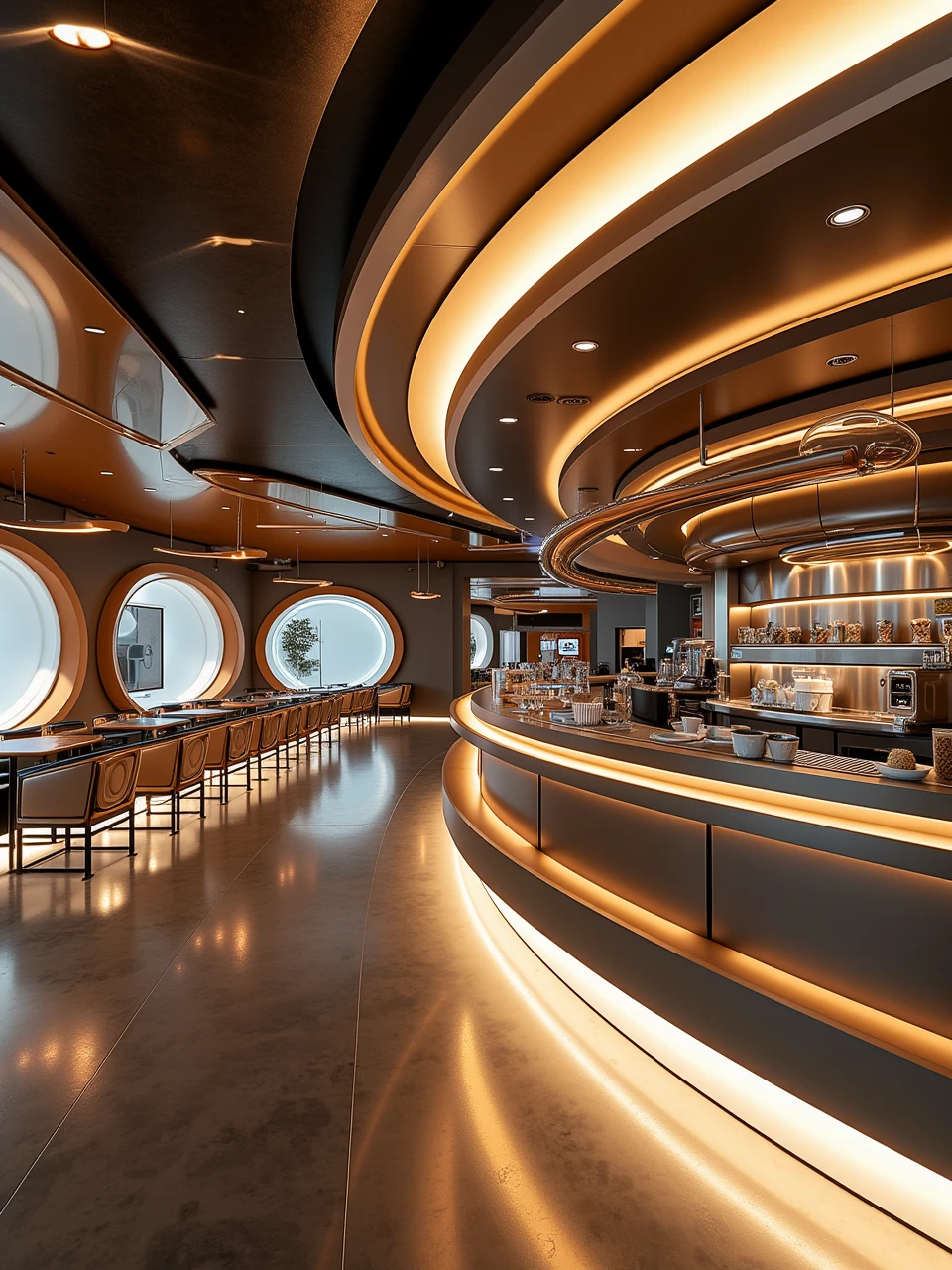 spacebylaushine,futurist-curve space,the cafe interior has a long counter-bar,there is high-tech coffee machine on it,multiple chairs and tables on the left of the space.the cafe space is made up of stainless steel and different_reflection materials,warm spotlight, 