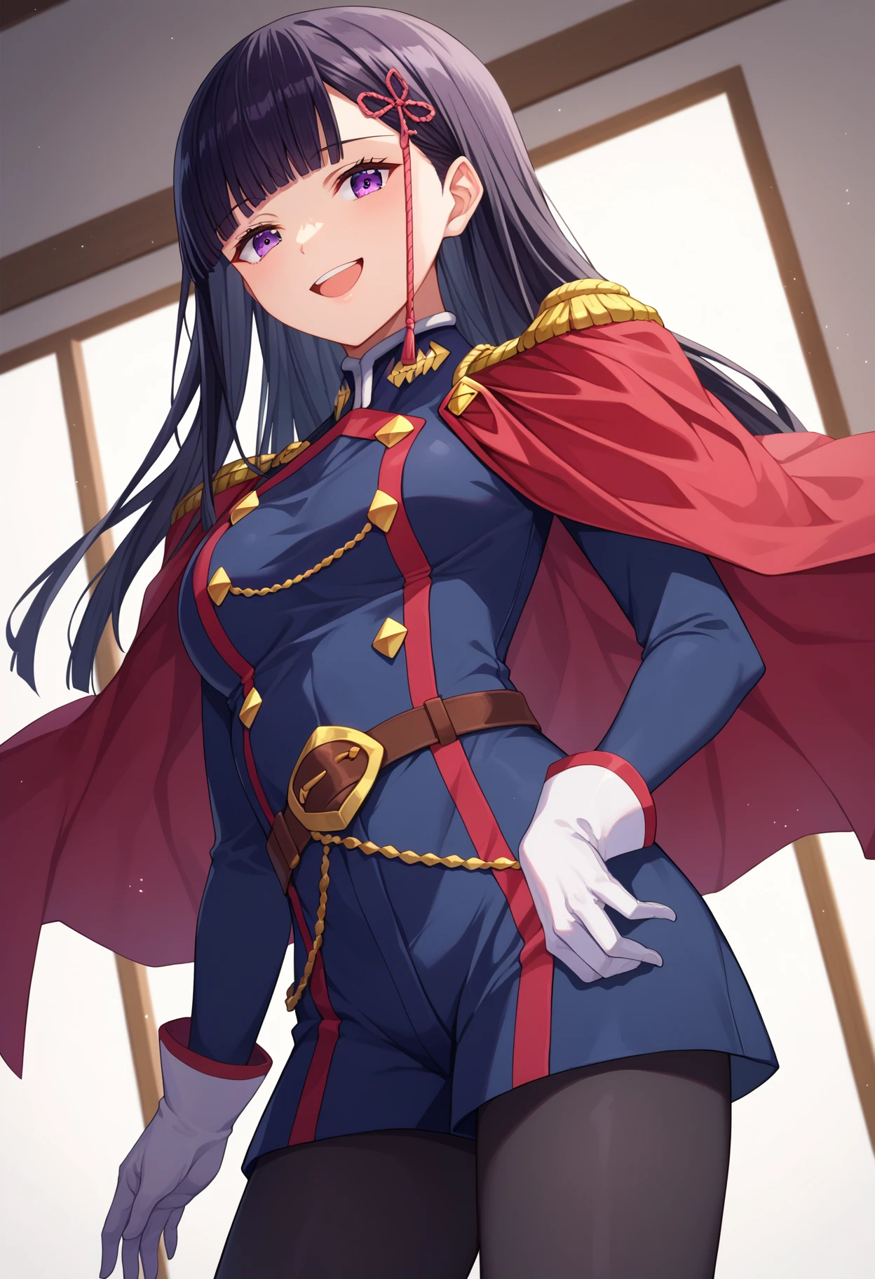 score_9, score_8_up, score_7_up, source_anime, 
BREAK
1girl, solo, 
<lora:shiRenYamishiroAnimeV1:1>, mangastyle,
long hair, black hair, purple eyes, blunt bangs, 
military uniform, white gloves, red cape, belt, epaulettes, 
black pantyhose, 
looking at viewer, smile, open mouth,