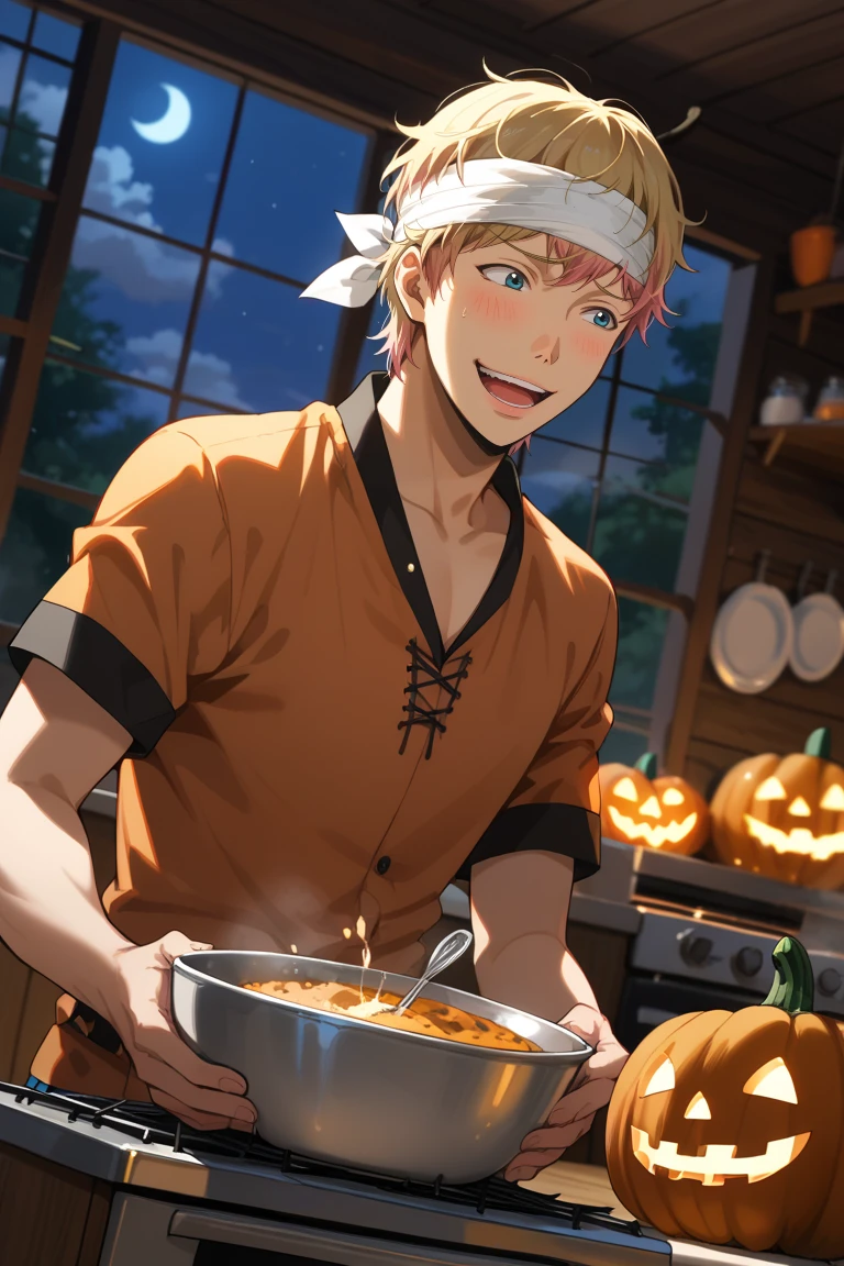 score_9, score_8_up, score_7_up, source_anime, rating_questionable, night, dark, natural lighting, pumpkin, male focus, cooking, holding, blushing, looking away, TakuyaAC, blonde-pink_Takuya_multicolored hair, blue_Takuya_eyes, teeth, bandages, bandaged head, excited, happy, Halloween outfit, 1boy, blurry indoors, pumpkin pie, bowl, blue sky, wood cabin, dutch angle, intricately detailed illustration, atmospheric perspective, depth of field, realistic shading