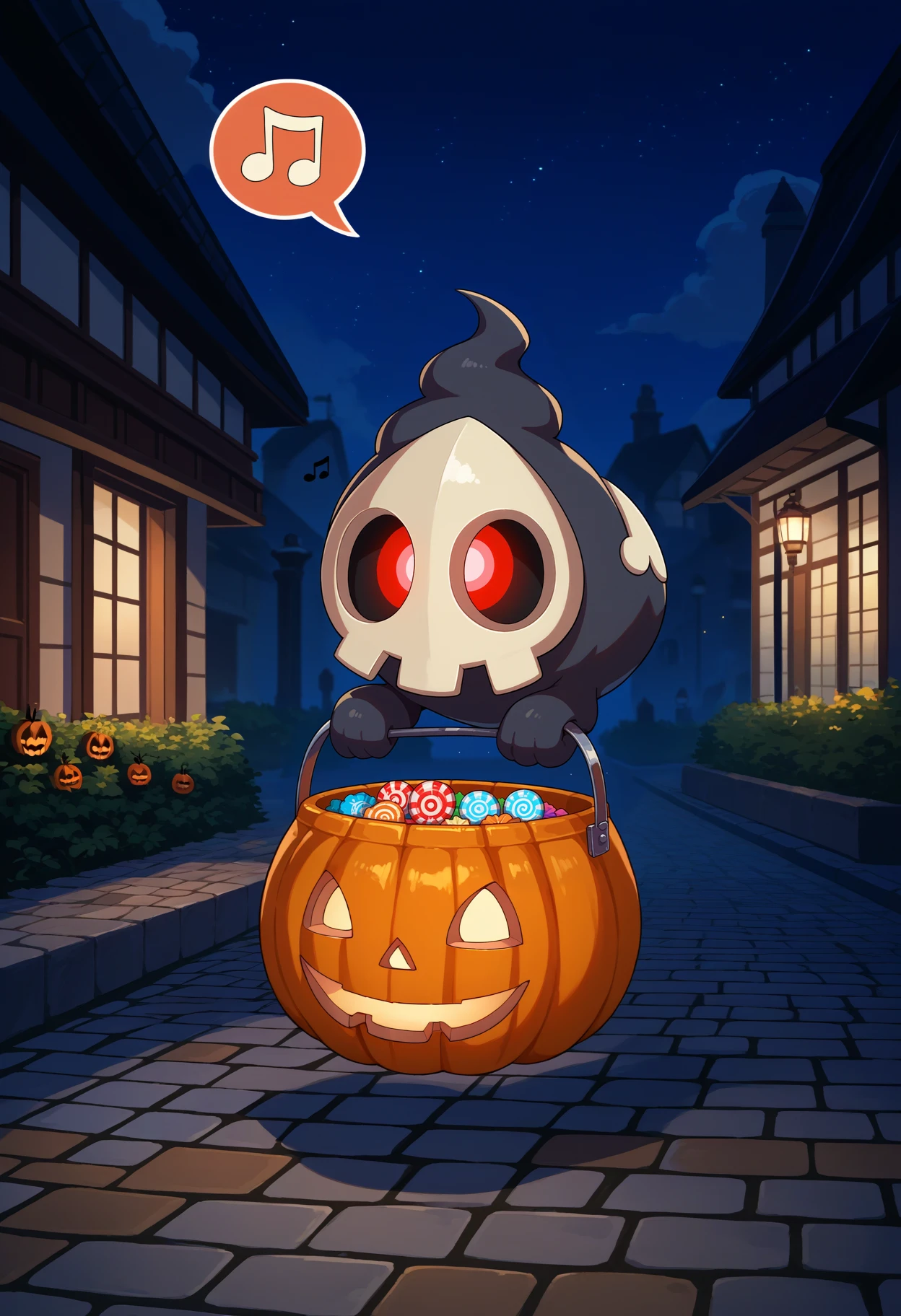 score_9, score_8_up, source_anime, full body, floating, happy, spoken musical note, <lora:DuskullPKMN-pdxl:1> dusku11, pokemon \(creature\), no humans, mask, red eyes, ghost, holding bucket, candy, outdoors, cobblestone, night, jack-o'-lantern