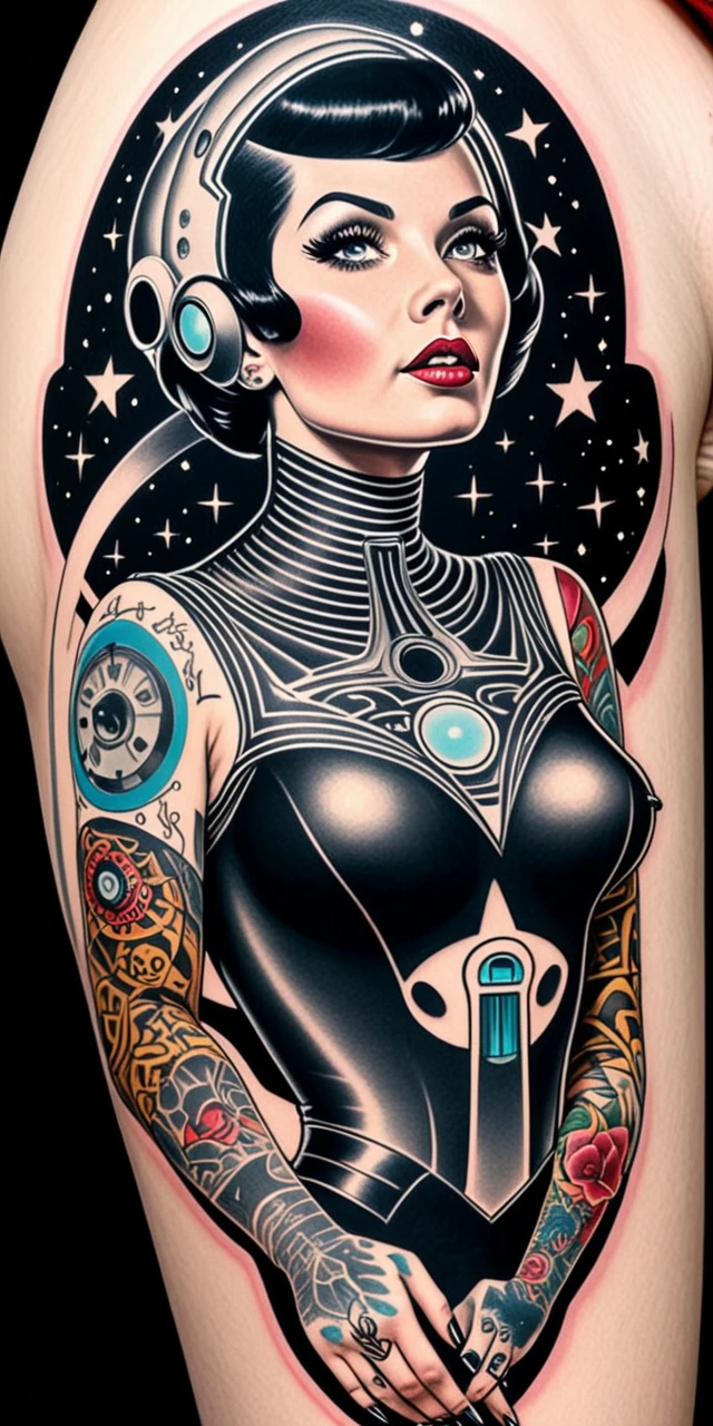 a woman tattooed in   DarkTatExStarz  style <lora:DarkTatExStarz:0.437>in an 1960's space ship