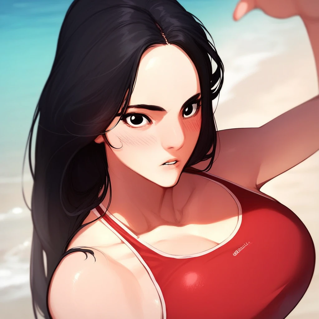 score_9, score_8_up, score_7_up, score_6_up, high res, high quality, good anatomy, good proportions, dynamic pose, dynamic angle, 1girl, solo, crystalchoi, black hair, long hair, black eyes, large breasts, red one-piece swimsuit, looking at viewer, blush, parted lips, blurry background, beach