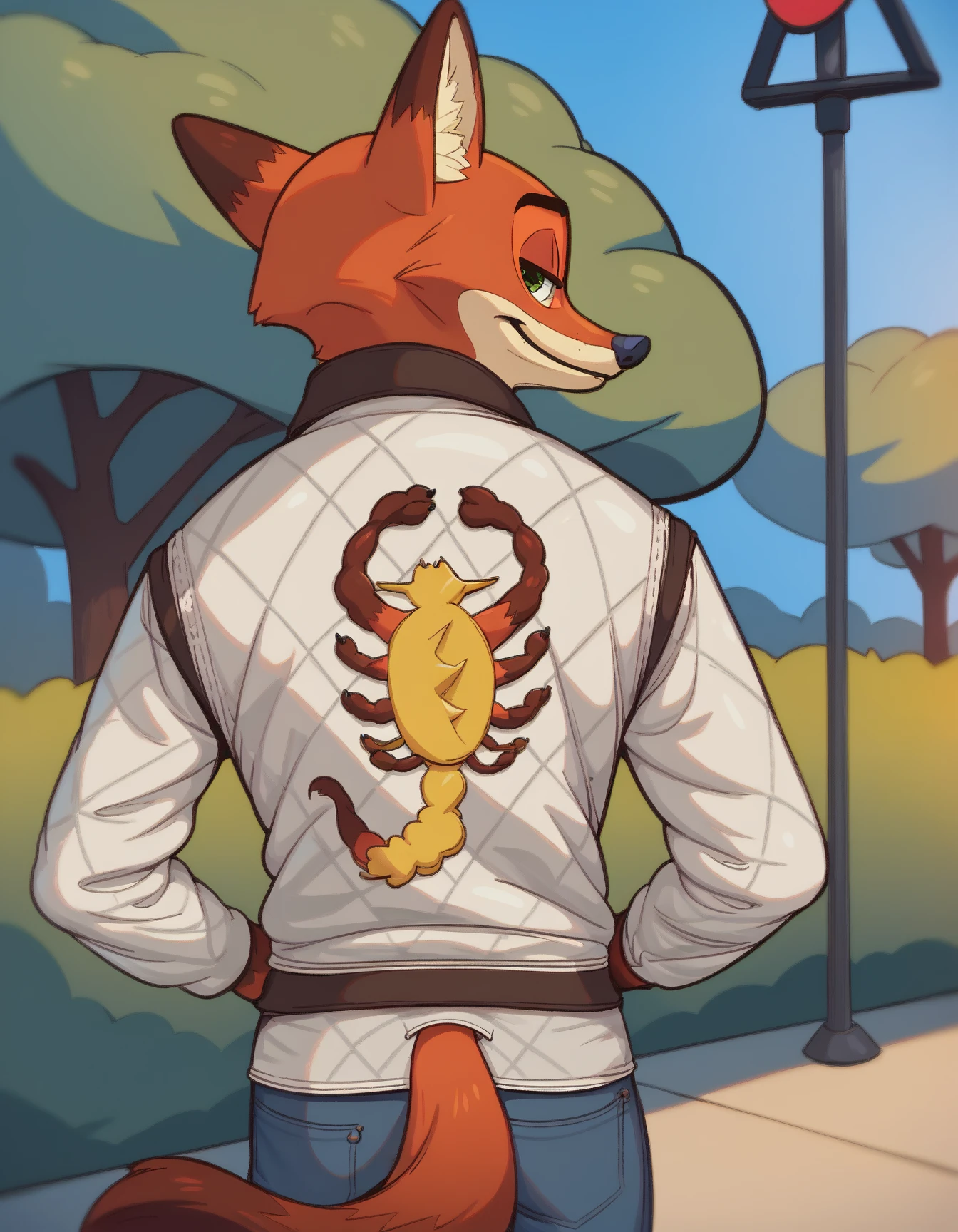 score_9, score_8_up, score_7_up, score_6_up, score_5_up, score_4_up
Nick_Wilde, solo, green eyes, gray pants, fox tail, outdoors, park theme, print jacket, white jacket, from behind, jeans, looking back
 <lora:Nick_Wilde_XL:0.8> 
 <lora:drivejacket-outfit-richy-v1_pdxl:1>