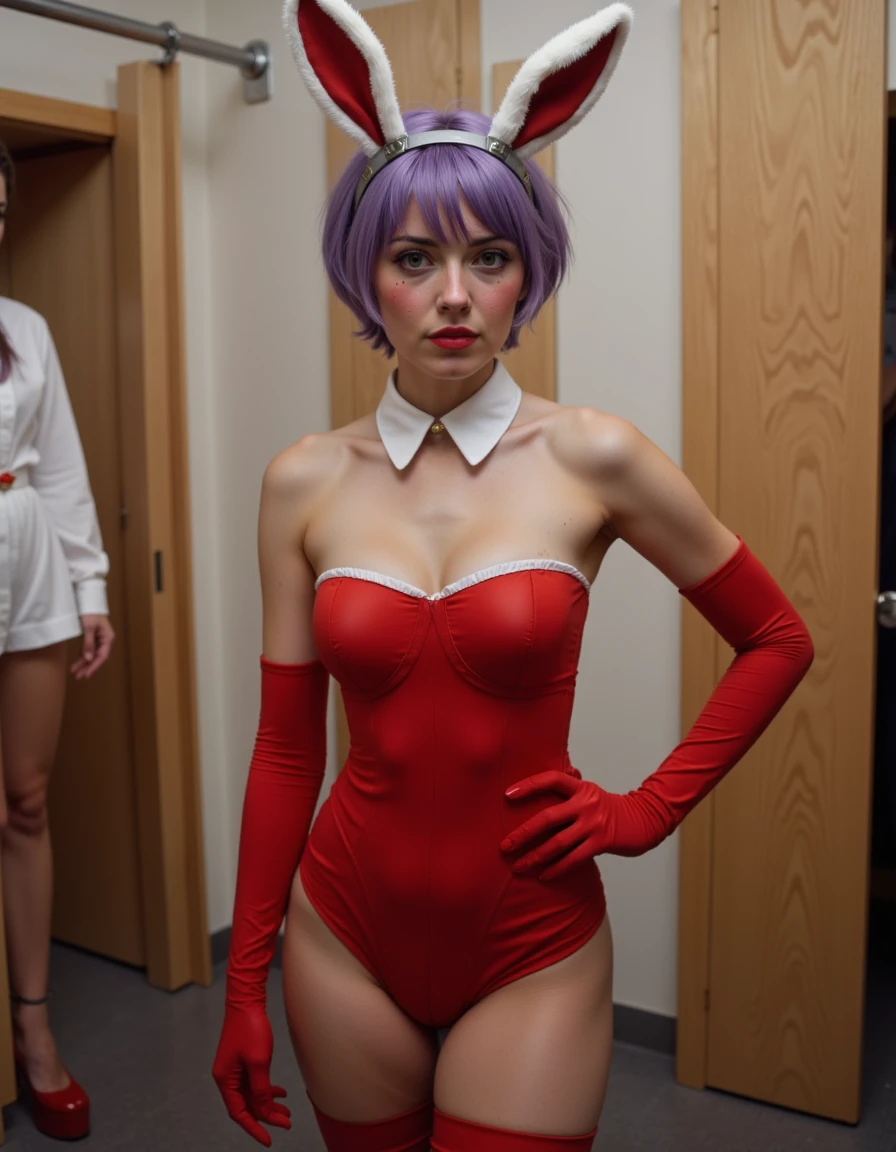 <lora:jeanfaymas-flux:1> jeanfaymas, a <lora:real-lora:1.1> (ultrarealistic:1.1) photo of a  woman with short, purple hair and bunny ears, and a grey metal har accessory. she is  wearing a red, strapless bunny suit with a white collar, and red gloves. She has a shy expression with blushing cheeks and is standing in a changing room. She's also wearing red high heels.