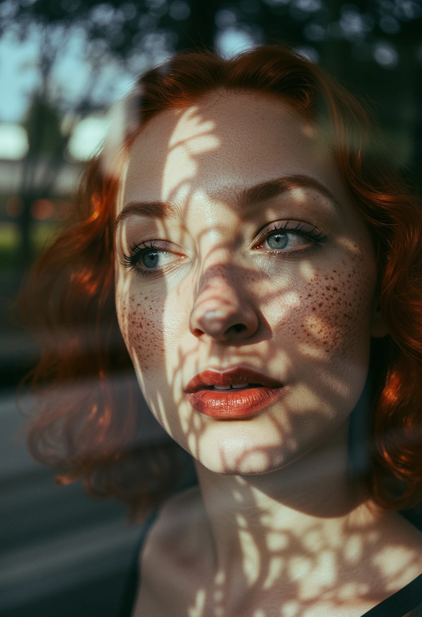 Artsy Photo. White Bold Square text in the middle of the image reads "ARTSY REALISM" Blurry closeup of a redheaded woman with freckles looking through the glass of a window. View from outside through the glass. Glare in the window. trees casting shadows on the window and the woman's face. Full color artsy photograph. Chromatic aberration. film grain. exaggerated artistic film filter. Very high contrast and grainy.