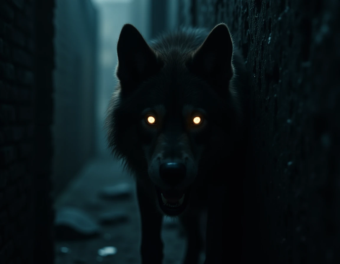 A close-up shot captures the intense gaze of a werewolf in a dark alley. Its eyes glow with a wild, feral eyeshine, reflecting the primal instincts of a dangerous predator. The beastâs savage expression and sharp features are illuminated by the faint light, revealing the untamed, animalistic nature lurking beneath the surface. <lora:Eyeshine:1>