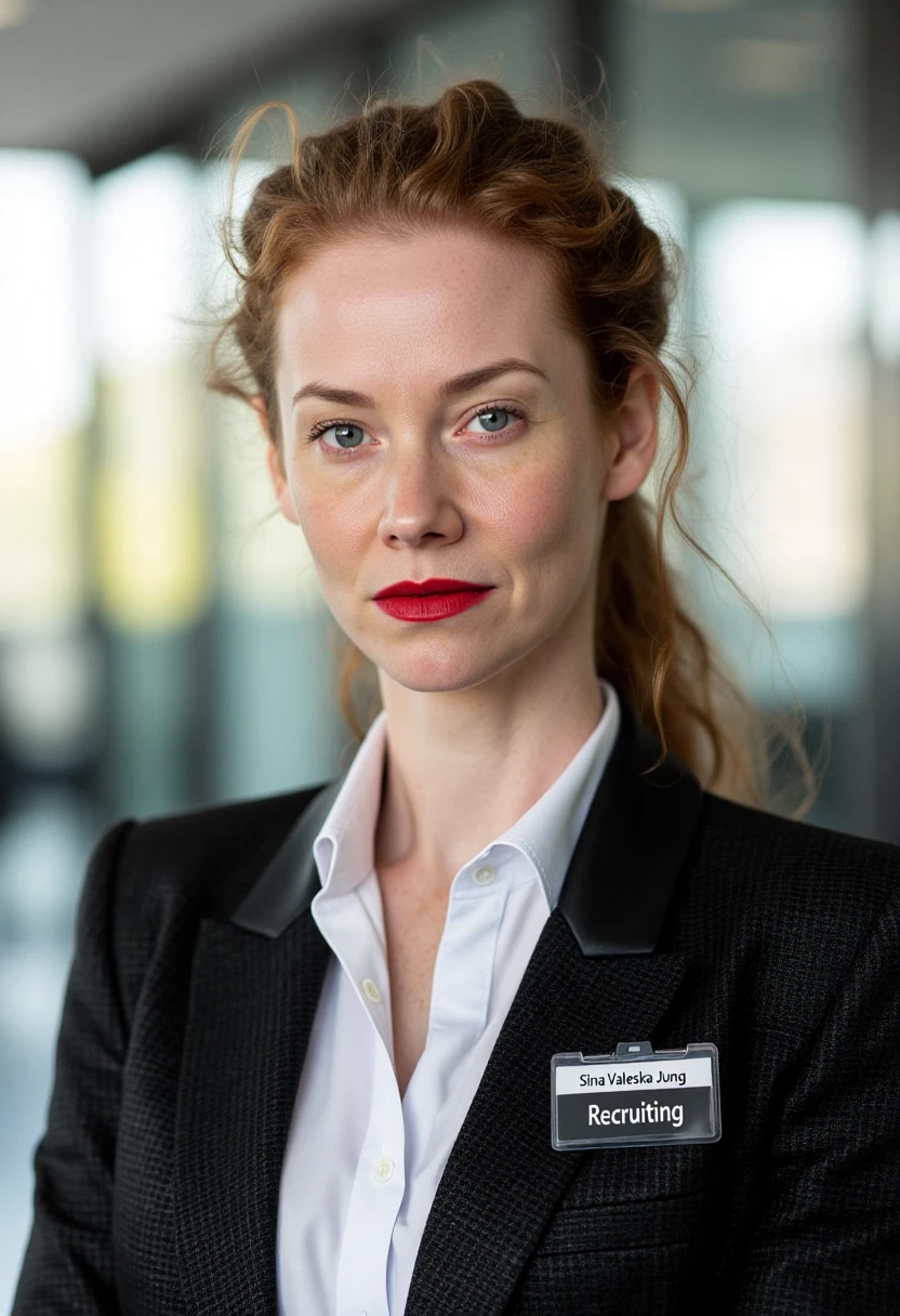 A portrait photo of sinavaleskajung, a 40 year old woman. She is looking straight at the viewer with a serious and stern expression on her face. She is wearing red lipstick. Her eyebrows are drawn down. Her mouth is closed, her lips are  pressed together. She is wearing a professional white shirt and a black business suit. A simple ID badge with black bold text name "Sina-Valeska Jung" and smaller title "Recruiting" is clipped to the suit jacket. The background is blurry and shows an modern office. Sunlight is shining through large windows.