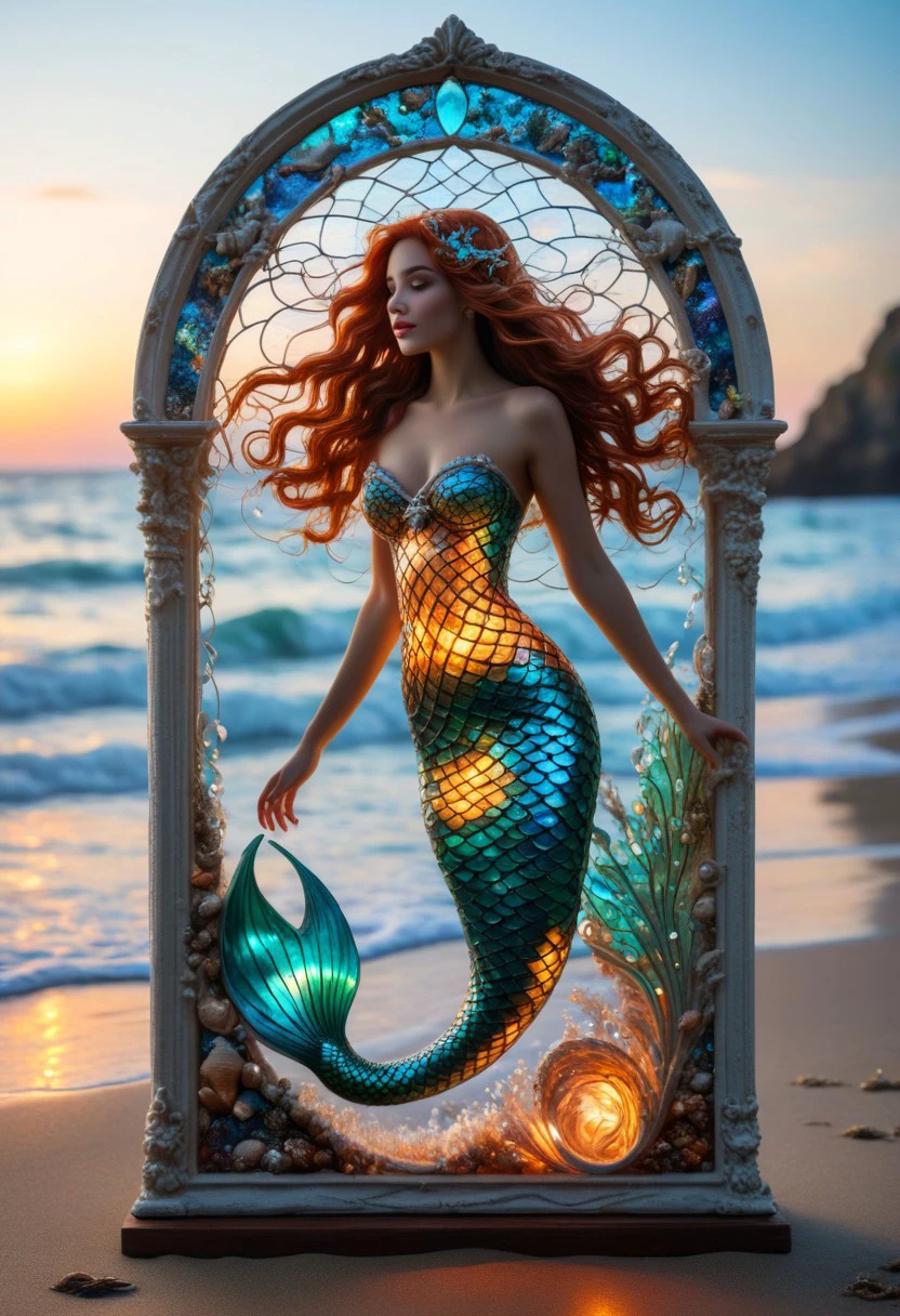 Glowing Stained Glass, beautiful mermaid, at the beach