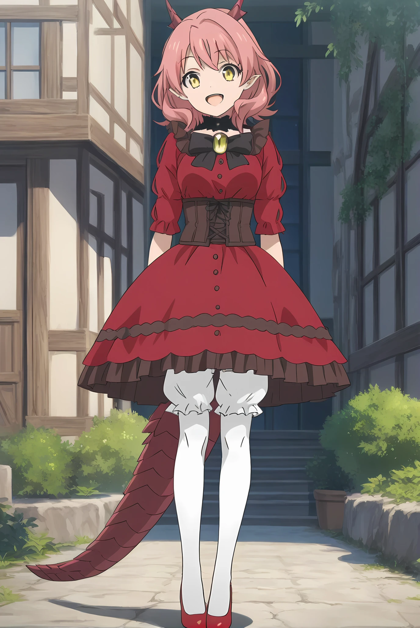(red dress black bow brown corset white pantyhose bloomers red flats:1.30), km-hanako, yellow eyes, pink hair, medium hair, short horns, dragon tail, medium breasts, 1girl, solo, skinny, score_9, score_8_up, score_8, score_7_up, score_7, score_6_up, score_6, score_5_up, score_5, source_anime, happy, night sky outdoors, (full body:1.20), (:1.20), , <lora:km-hanako-V01-000003:1.00>