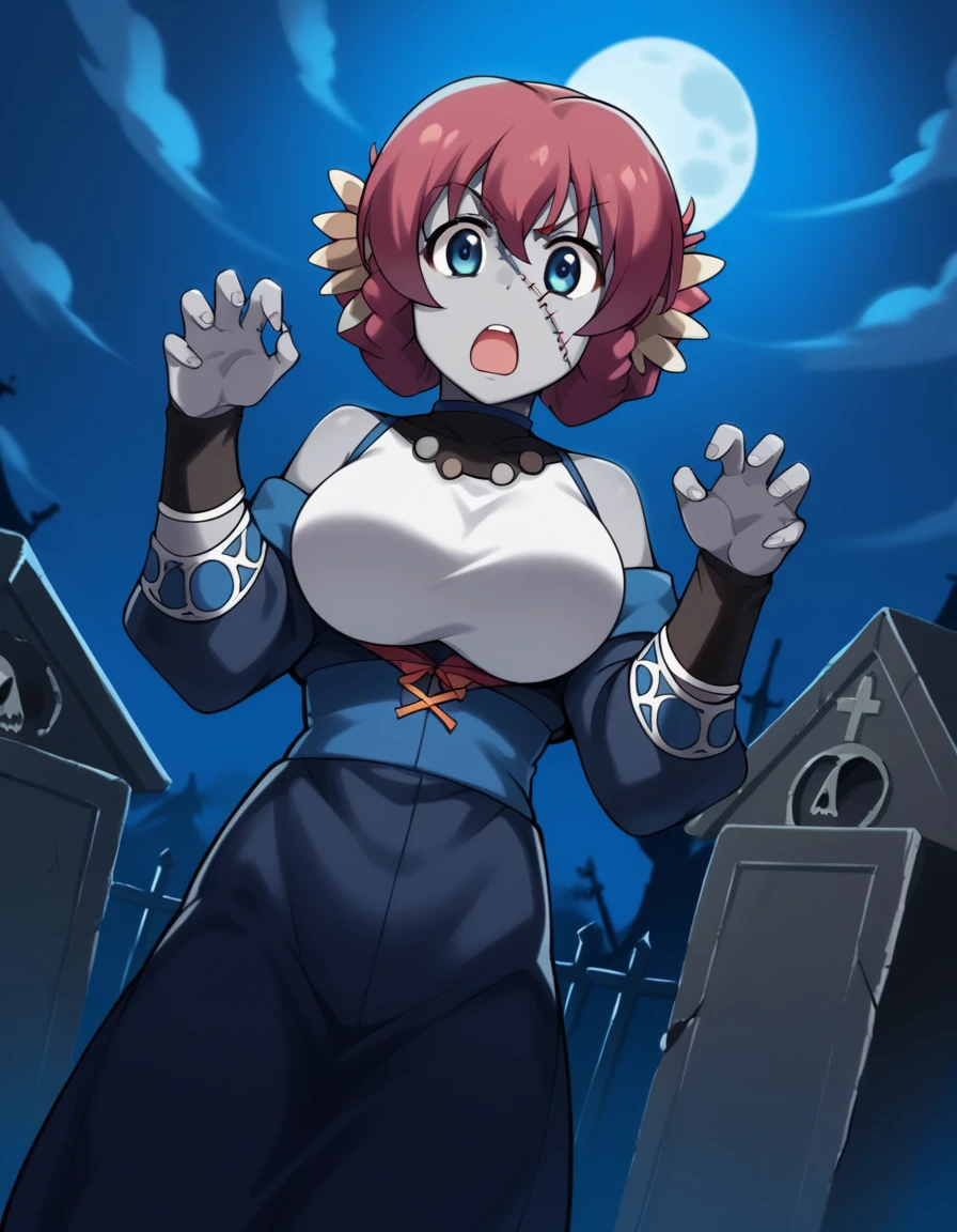 score_9, score_8_up, score_7_up, source_anime, <lora:utawarerumono-nosuri-s2-ponyxl-lora-nochekaiser:1>, nosuri, short hair, blue eyes, animal ears, braid, red hair, large breasts,, <lora:zombie-ponyxl-lora-nochekaiser:1>, zombie, colored skin, stitches, grey skin, multicolored skin, stitched face, zombie pose, halloween, halloween costume,, night, moon, graveyard, tombstone, grave, open mouth, , dutch angle, cowboy shot