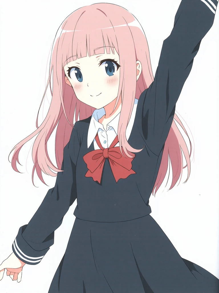 atori, an illustration of Fujiwara Chika from the series "Kaguya-sama: Love is War" in her Shuchiin Academy school uniform. She's depicted against a simple white background, smiling warmly at the viewer with a closed mouth and a slight blush on her cheeks.

Chika has long pink hair with distinctive blunt bangs across her forehead. Her blue eyes are bright and expressive. She wears the black dress uniform of Shuchiin Academy, featuring long sleeves and a collar. The dress is adorned with a prominent red ribbon at the neck, and a black bow adds a touch of elegance. One of her arms is raised, giving her pose a lively and engaging feel.