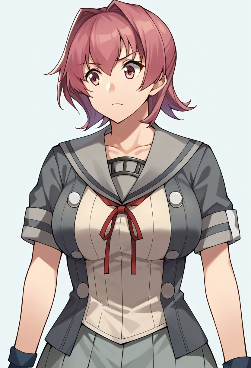 score_9, score_8, score_7, source_anime, kinu (kancolle), neck ribbon, partially fingerless gloves, skirt, standing, grey serafuku, upper body, large breasts, collarbone, shirt