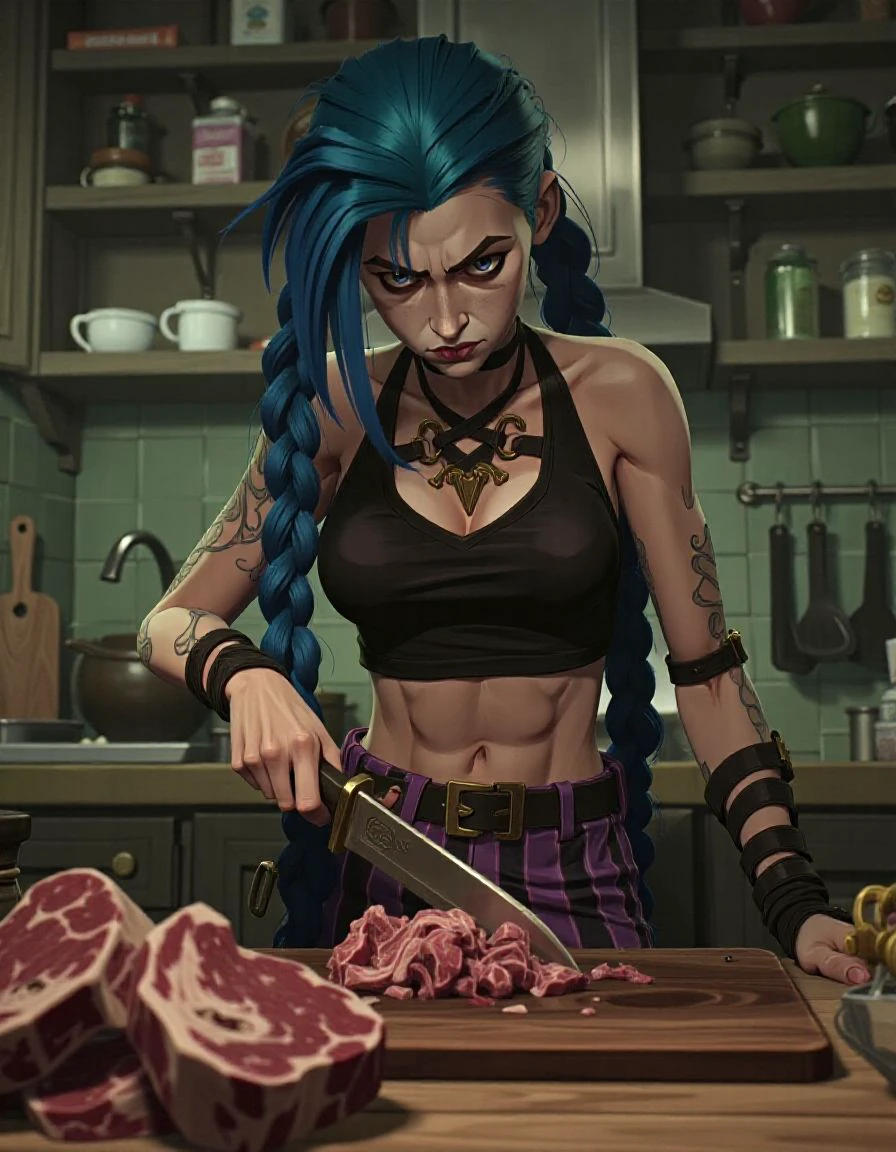 jinx, A woman wearing a black crop top and purple striped pants stands at a kitchen countertop, chopping meat. She has two long blue braids and holds a knife in one hand, focusing on the meat in front of her. The kitchen is filled with ingredients and utensils, creating a dynamic cooking scene. Looking at viewer, threatening with knife. Knife in camera. Death gesture.
<lora:Jinx__Arcane-000001:1> 
<lora:Flux-Sch-4steps-SingleBlocks-BF16:1>