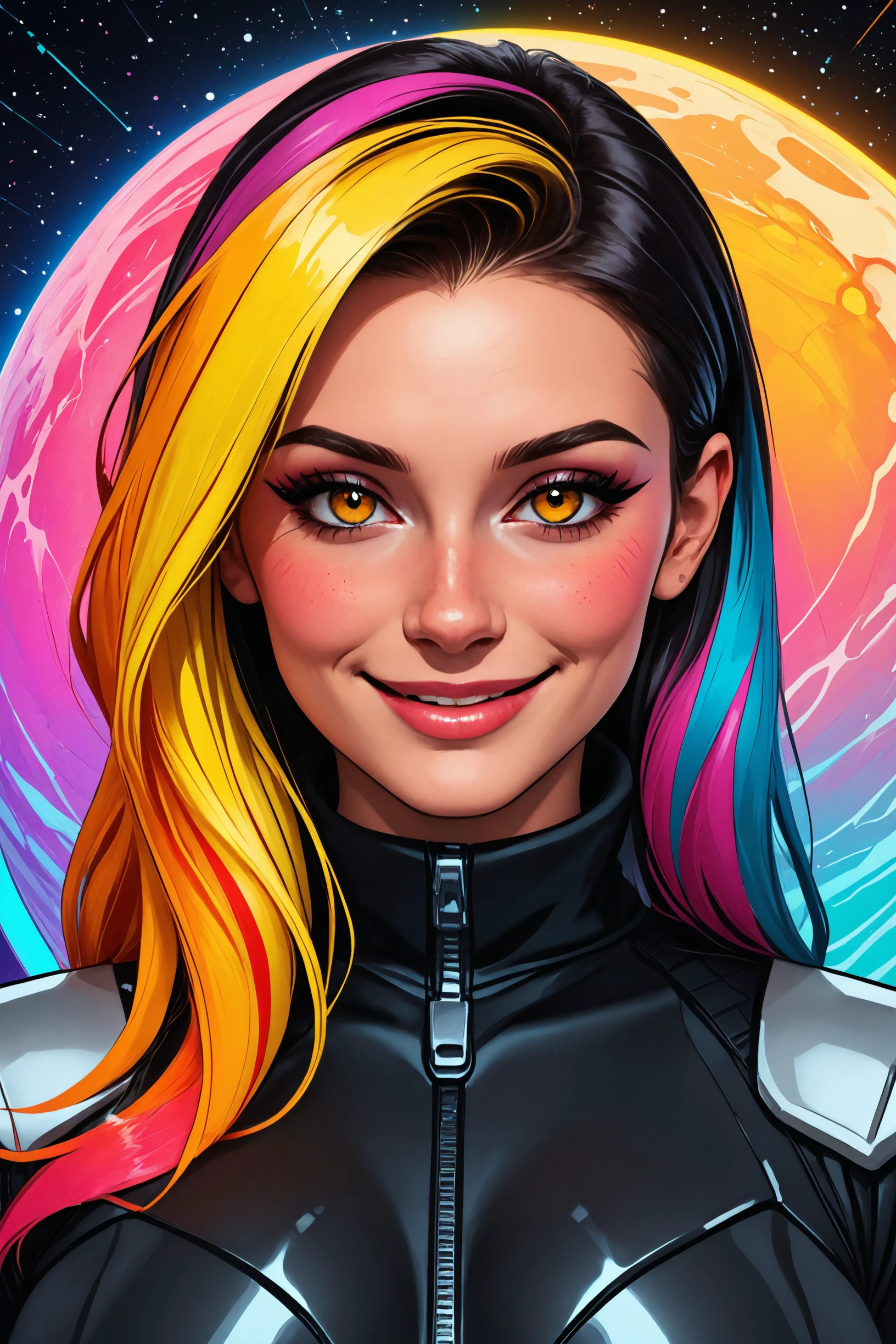 Bw-grignani, Closeup Portrait, An Abstract surreal n Abstract surreal colorful simple painted newage cyborg spacegirl with long vibrant hair throughout the frame, high collar, blushed smiling, yellow-black Blood fountain in Outer space, made of lines, vertical lines, horizontal lines, Portrait Made of intertwining lines, weaving over and under each other throughout the frame, emphasis effect, moire effect, awash in colorful shades, seamlessly extends the lines, ,