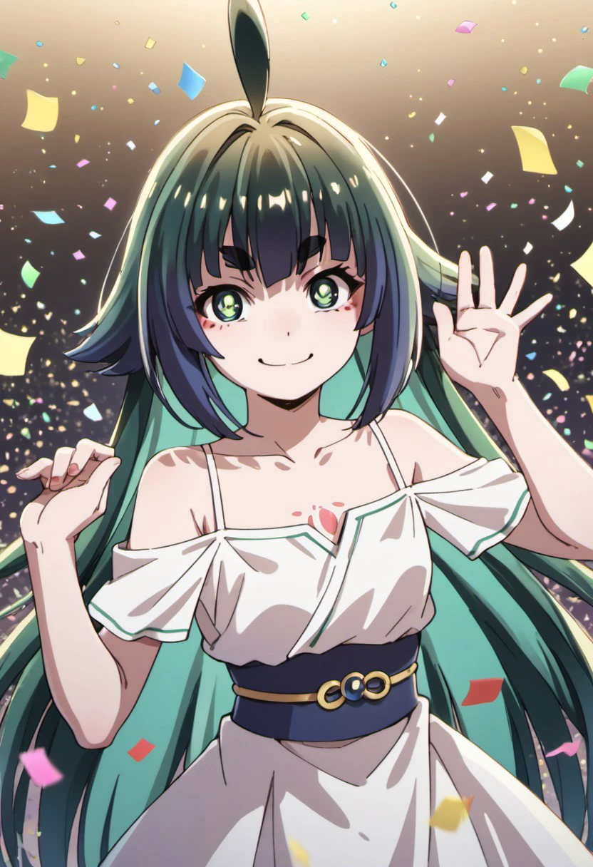 score_9, score_8_up, score_7_up, source_anime, mitama, long hair, collarbone, dark green hair, thick eyebrowsm, short eyebrows, green eyes, 1girl, solo, smile, ahoge, confetti, thick eyebrows, hands up, looking at viewer, bare shoulders