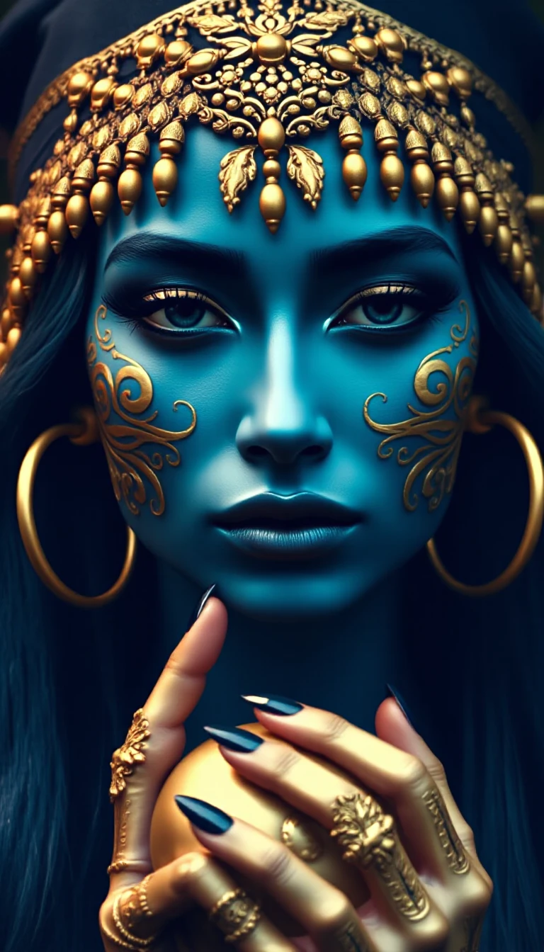 raw photo of <lora:PalakT_FL:1.2> palakT   ,IMAGINE A HYPER-DETAILED PORTRAIT of a woman with azure blue skin, her face decorated with gold tribal patterns that swirl and curve around her eyes, cheeks, and neck. The golden motifs are complex, with lines, dots, and spirals that add texture and depth to her visage. Her lips are painted with a deep metallic color that harmonizes with the golden details on her skin. She wears a prominent headdress of gold, adorned with dangling ornaments that add movement and contrast to the stillness of her face. Large, elegant gold hoop earrings complement the tribal-inspired design, and her eyes are framed with dramatic golden eye shadow and long, defined lashes. The lighting is soft yet focused, highlighting the goldâs shimmer and the matte finish of her blue skin, lending a realistic touch to this ethereal composition. This photorealistic image fuses ancient cultural elements with a modern style, creating a mesmerizing effect.A graphic illustration that is a portrait of an angry witch in the forest. She has a witch hat, long hair, jewelry, and tattoos on her arms and hands. She is holding a skull, her dainty fingers grasp the skull carefully, showing her black nails.  , <lora:dalee:0.9> dalee