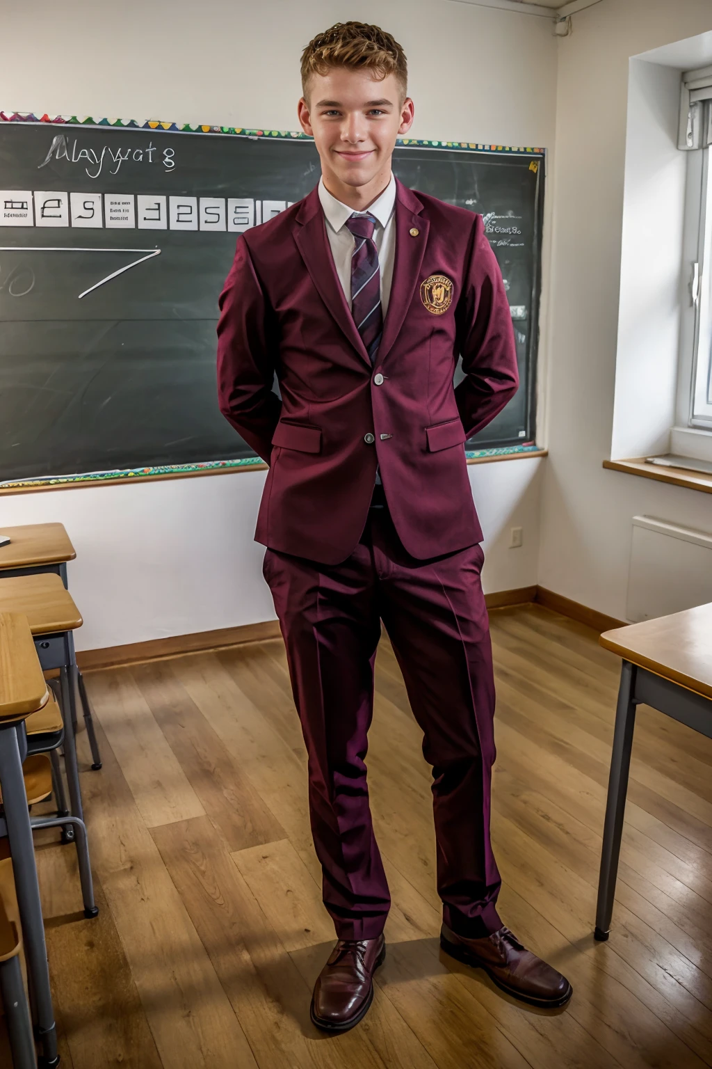 classroom of a Swedish school, standing beside student desk, smiling, JackWaters, wearing (maroon youngroyals uniform), (((full body portrait))), wide angle <lora:JackWaters:0.8>  <lora:youngroyals_lora:0.75>