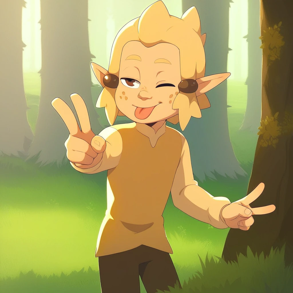 score_9, solo. flopin, 1boy, blonde hair, hair ornament, pointy ears, brown eyes, freckles, long sleeves, pants, one eye closed, tongue, v, tree, grass, natural lighting