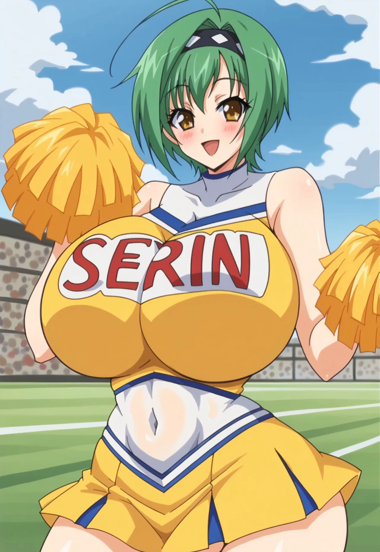 safe_pos, safe_pos, Score_9, aiba matsuri, green hair, short hair, yellow eyes, hair intakes, black hairband with white diamond shape patterns, long ahoge, (huge breasts), wide hips, aiba's cheerleader outfit, yellow cheerleader top, (white navel covering), (covered navel), yellow skirt, cheerleader, sleeveless, red text on cheerleader top, solo, sports field, cowboy shot, smile, looking at viewer, blushing, standing, excited 