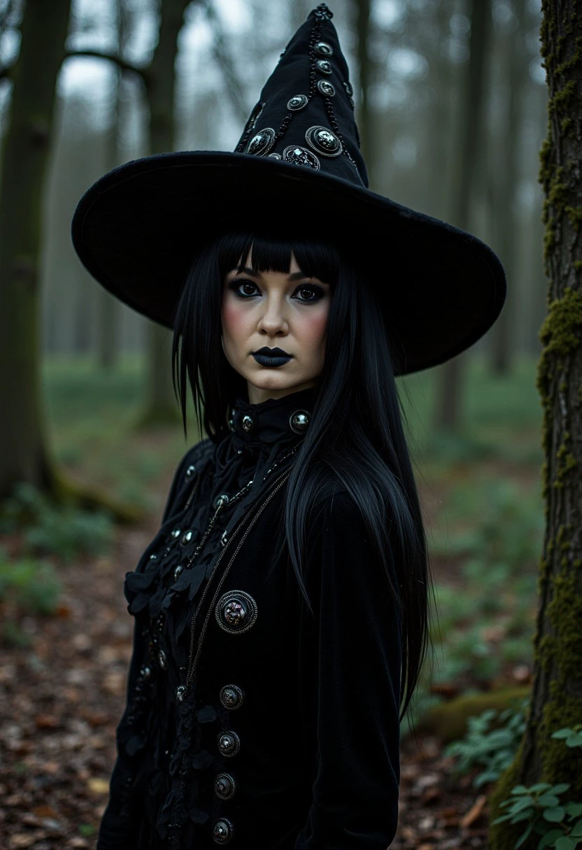 a high quality HD photograph of a woman in gothic witch clothing wearing a witch hat, standing in hell