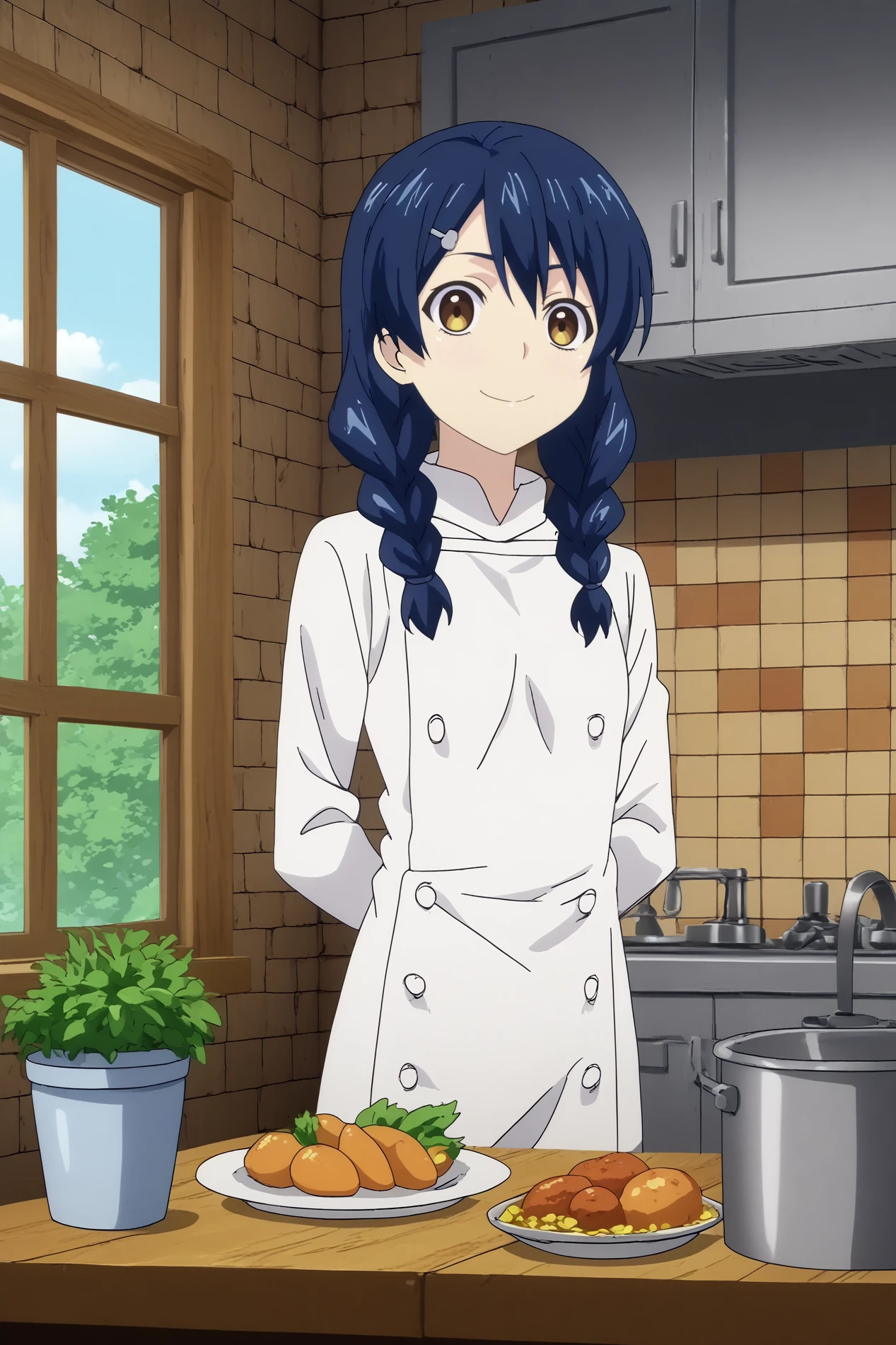  megumi tadokoro,1girl,solo,looking_at_viewer,twin braids,braid,yellow eyes,hair ornament,hair clip,chef,white shirt,white pants,breasts,upper body,hands behind the back,smile BREAK indoors,Cozy,white walls,small sink, marble countertop, food,vegetables,fridge,fruit, warm light, vintage stove behind,window with a garden, kitchen,orange brick wall,restaurant kitchen   <lora:Megumi_Tadokoro_-_Food_Wars.safetensors:0.8> <lora:detailed_backgrounds_v2.safetensors:0.8>