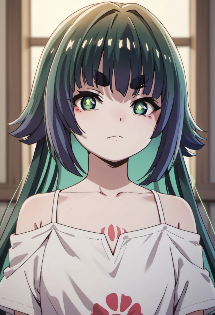 score_9, score_8_up, score_7_up, source_anime,mitama, long hair, collarbone, dark green hair, thick eyebrowsm, short eyebrows, green eyes, 1girl, solo, thick eyebrows, looking at viewer, closed mouth, off shoulder, shirt, bare shoulders