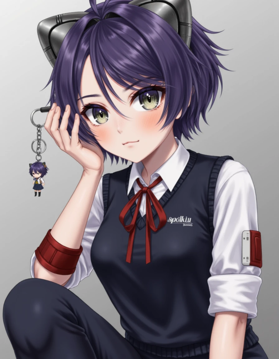 <lora:jeanfaymas-flux:1> jeanfaymas, a <lora:real-lora:1.2> (ultrarealistic:1.2) portrait photo of a woman with short, purple hair. She has a gray metallic head accessory. She has bright grey-green eyes . She is wearing a white shirt with a red ribbon, a dark blue vest, and a dark blue skirt. A pair of headphones is perched on their head, and they have a red armband on their right arm. They are squatting, holding a keychain with a small figurine attached. The character's expression is thoughtful, with one hand resting on their head.