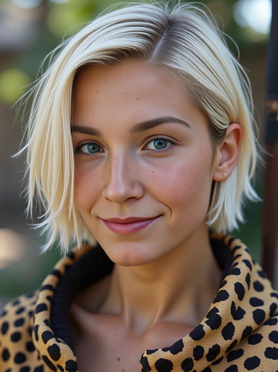 close up photo of a woman, she has sleek short platinum-blonde hair with a side-swept style, with blue eyes, her skin has a high detailed texture and shows details like moles, small hairs and pores. She is wearing an Aztec warrior's uniform with a jaguar skin cloak, an obsidian-edged wooden sword (macuahuitl), and a feathered headdress, ready for ceremonial battles. Her expression is happy, she is looking at viewer. Set outside, with natural lighting. <lora:clairelora-000012:1.1>