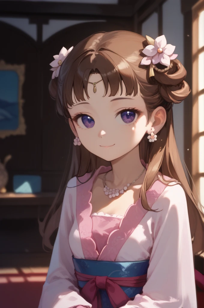 score_9_up,score_8_up,score_7_up,masterpiece,best quality,highres,absurdres,ultra-detailed,illustration,1girl,portrait,from side,medium breasts,looking at viewer,indoors,happy,smile,closed mouth,brown hair,long hair,hair ornament,hair flower,earrings,purple eyes,necklace,pink dress,kimono,long sleeves,collarbone, <lora:!è¥å¸«å°å¥³çç¨èª 鿍¹å¦ èªè£½:0.8>