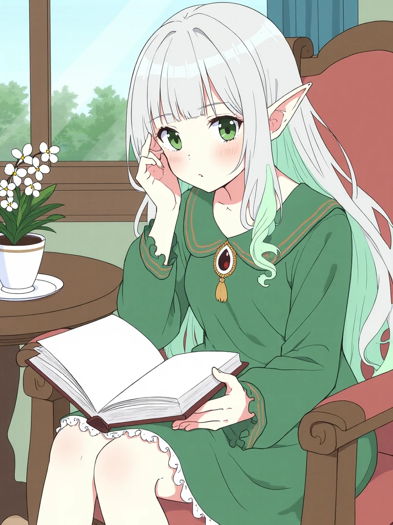 atori, an enchanting elven girl in a cozy indoor scene. She's sitting in a chair, her feet out of frame, with a table nearby. The elf is holding an open book, her green eyes looking directly at the viewer over its pages.

Her hair is a striking combination of white and green, long and flowing, with bangs framing her face. The inner layers of her hair are colored, creating a beautiful two-tone effect. Her pointed ears are visible, a clear indication of her elven heritage.

She's wearing a green dress with long sleeves and frills, adorned with a brooch. A subtle blush colors her cheeks, and her mouth is closed in a serene expression.

On the table, there's a teacup and a potted plant with white flowers. A window with curtains is visible in the background, adding to the homey atmosphere.