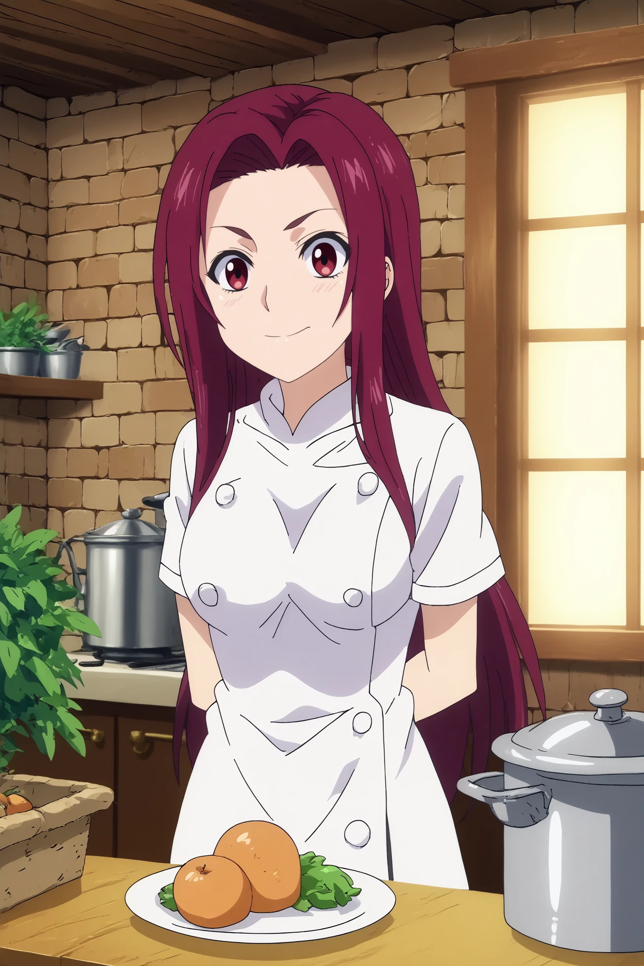 sakaki ryoko,1girl,solo,looking_at_viewer,purple hair, long hair,smile,breasts,chef,white shirt,white pants,smile,blush,upper body,arms behind back BREAK indoors,Cozy,white walls,small sink, marble countertop, food,vegetables,fridge,fruit, warm light, vintage stove behind,window with a garden, kitchen,orange brick wall,restaurant kitchen   <lora:Sakaki_Ryoko_-_Food_Wars.safetensors:0.8> <lora:detailed_backgrounds_v2.safetensors:0.8>