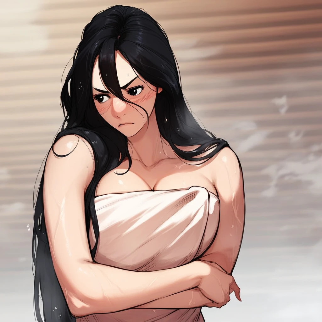 score_9, score_8_up, score_7_up, score_6_up, high res, high quality, good anatomy, good proportions, dynamic pose, dynamic angle, 1girl, solo, crystalchoi, black hair, long hair, black eyes, large breasts, upper body, naked towel, cleavage, arms crosed, looking away, from below, blush, breasts focus, hair between eyes, frown