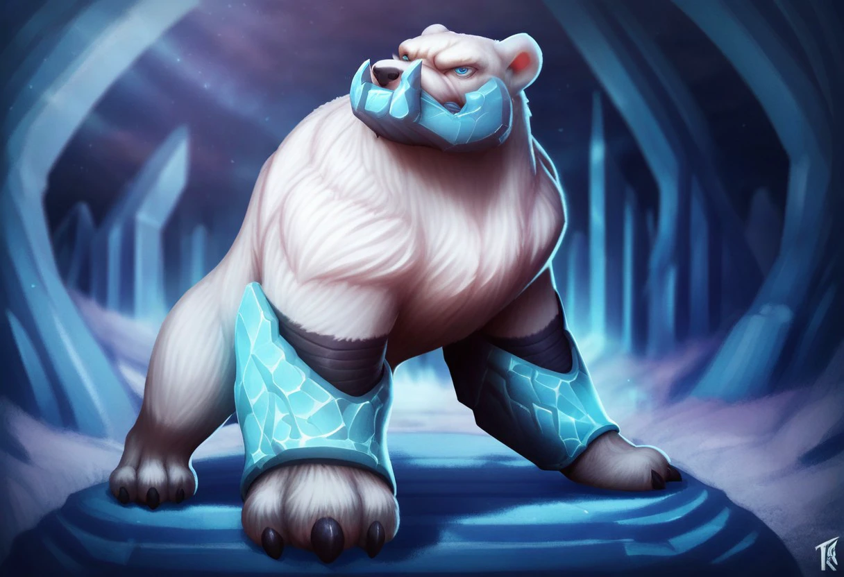 score_9_up, score_8_up, score_7_up, detailed background, BREAK
etalus, polar bear, male, furry, white fur, blue eyes, gauntlets, ice jaw, feral, standing, intimidating, solo, 1boy, standing on iceberg, scowl, large male, detailed