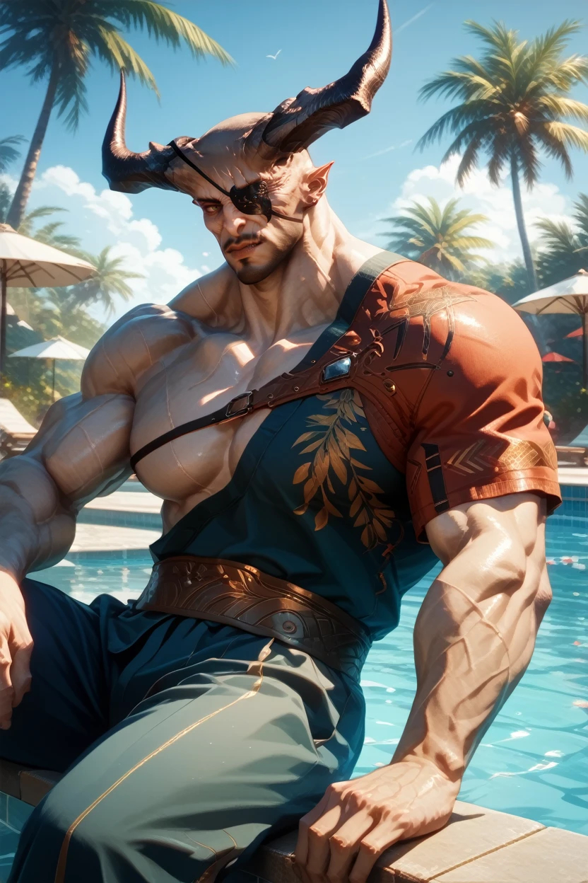 score_9, score_8_up, score_7_up,
<lora:DAIIronBull:0.8>
DAIIronBull, demon horns, muscular, eye patch, male focus, lounging by a poolside, with palm trees swaying in the tropical breeze