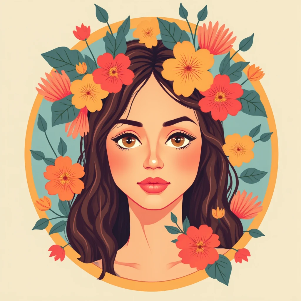 Use modern vector graphics flat design art with vibrant colors with a limited color pallete and simple shapes to create an illustration of a woman wearing flowers in her hair looking at the viewer, , <lora:anarmas_local_v2_large-merge_41v1_11v3_04_06_05_11v4_05:1>