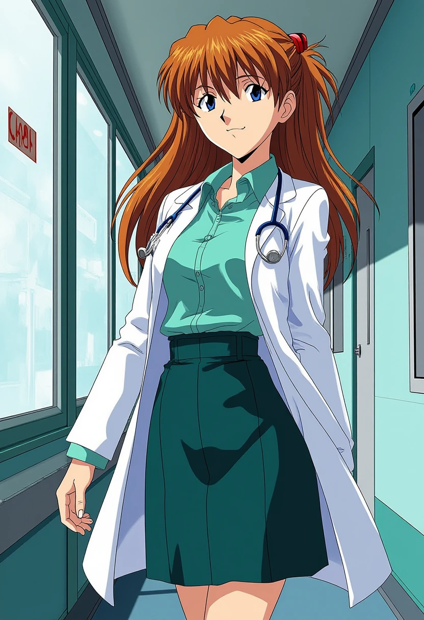 A detailed solo portrait of horaki hikari
Anime style, sharp, high contrast and highly detailed.,.
 <lora:evangelion_asuka_langley_flux_v1_2-000010:0.9> ppasuka
ppasuka, in doctor's lab coat, shirt and tapered skirt. She looks serious and professional. Inside a modern hospital, she looks at the camera and shows a beautiful smile.