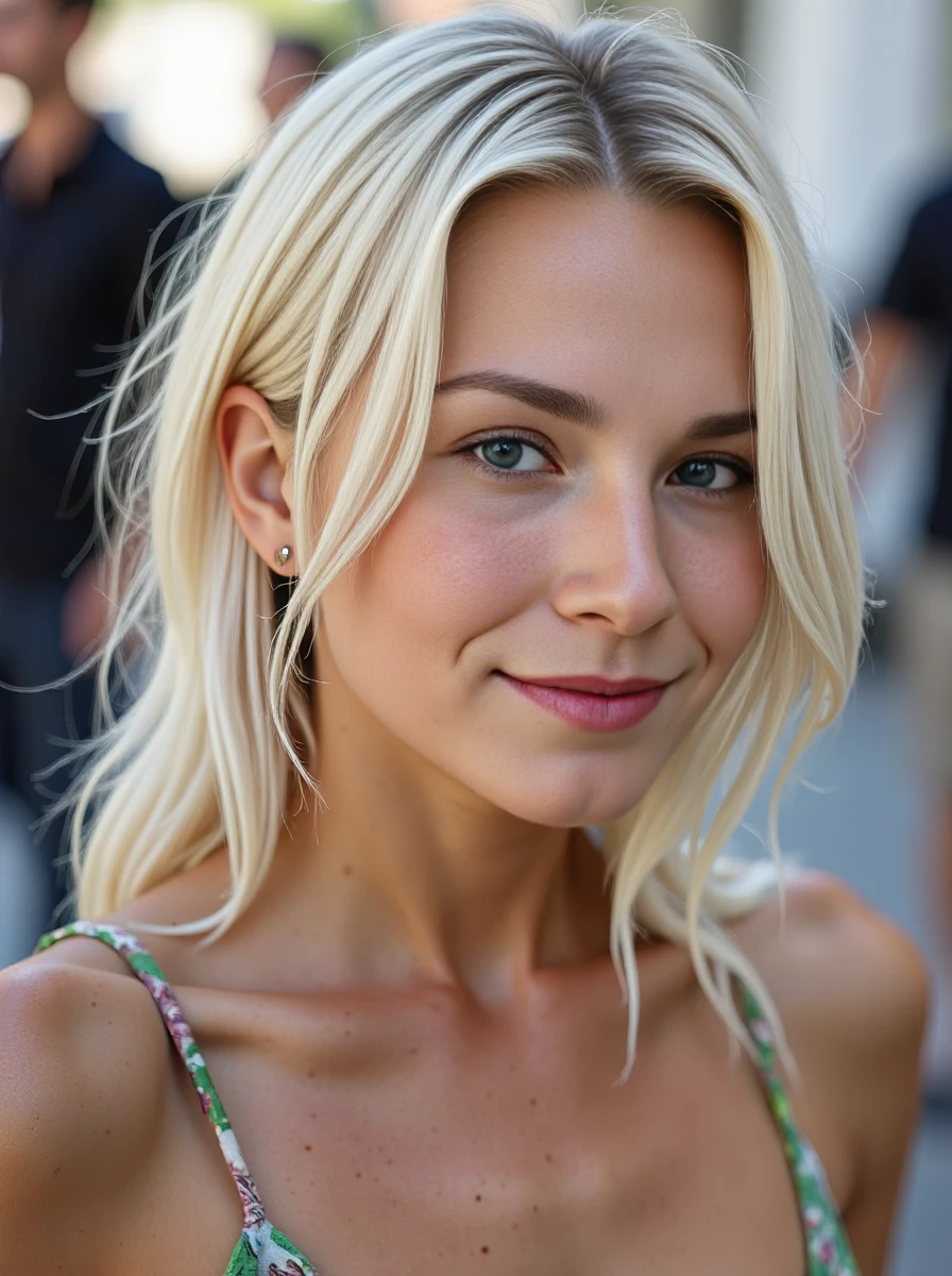 close up photo of a woman, she has sleek long platinum-blonde hair with a messy style, her skin has a high detailed texture and shows details like moles, small hairs and pores. She is wearing an artsy gallery opening look with a bold print maxi dress, wedge sandals, and statement earrings. Her expression is a shy smile, she is looking at viewer. Set outside, with natural lighting. <lora:clairelora-000012:1.1>