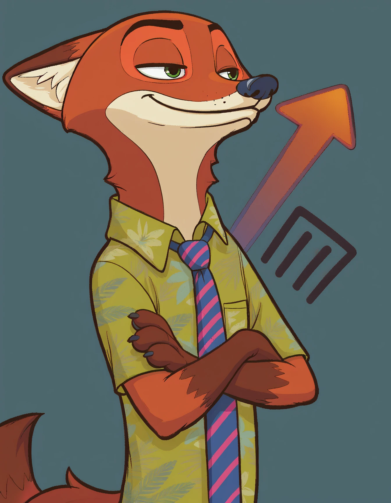 score_9, score_8_up, score_7_up, score_6_up, score_5_up, score_4_up
Nick_Wilde, solo, green eyes, green hawaiian shirt, pants, fox tail, necktie, stonks, arrow (symbol), crossed arms, formal, smile, upper body, blue background, looking to the side, standing
 <lora:Nick_Wilde_XL:0.8> 
<lora:StonksMeme_pdxl_Incrs_v1:1.2>