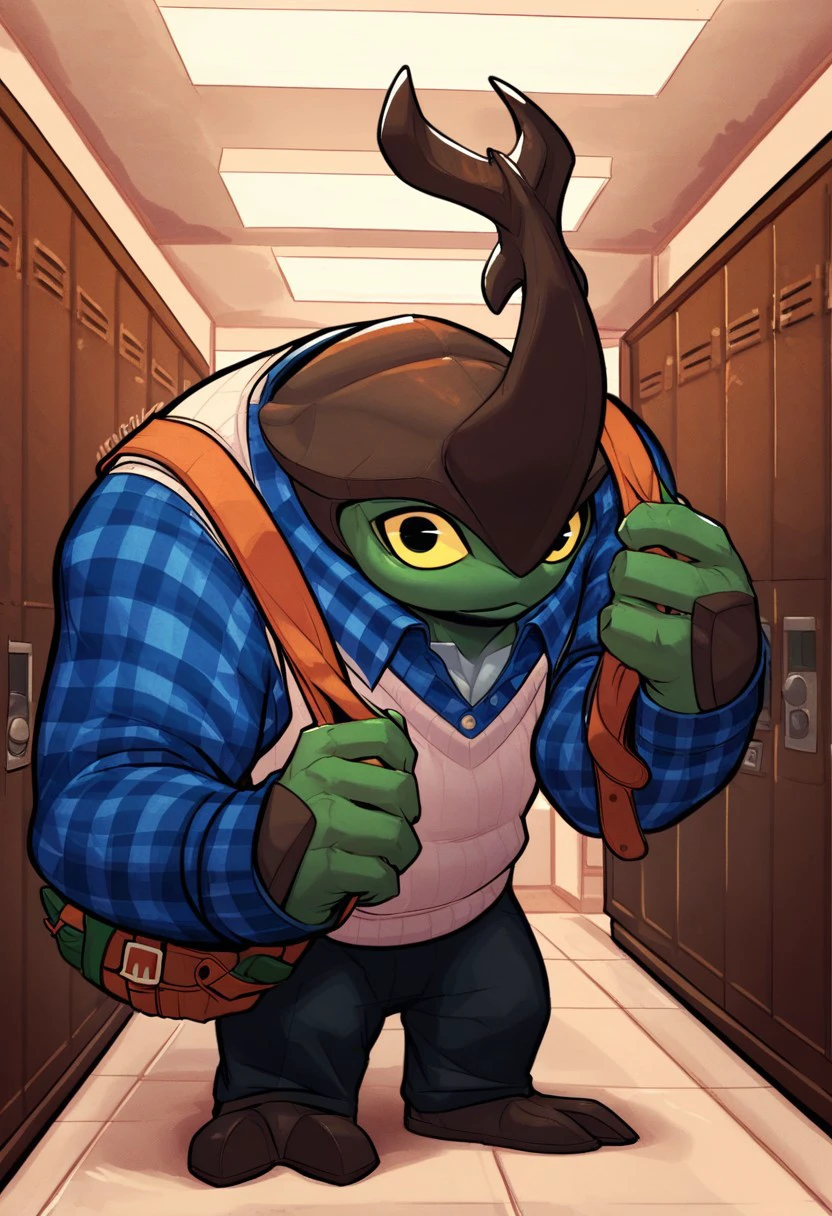 score_9_up, score_8_up, score_7_up, indoors, lockers, hallway, school hallway, kragglovers, beetle, insect, male, green body, brown shell, horn, yellow sclera, blue shirt, plaid shirt, sweater vest, backpack, holding backpack strap, looking at viewer, standing, solo, 1boy