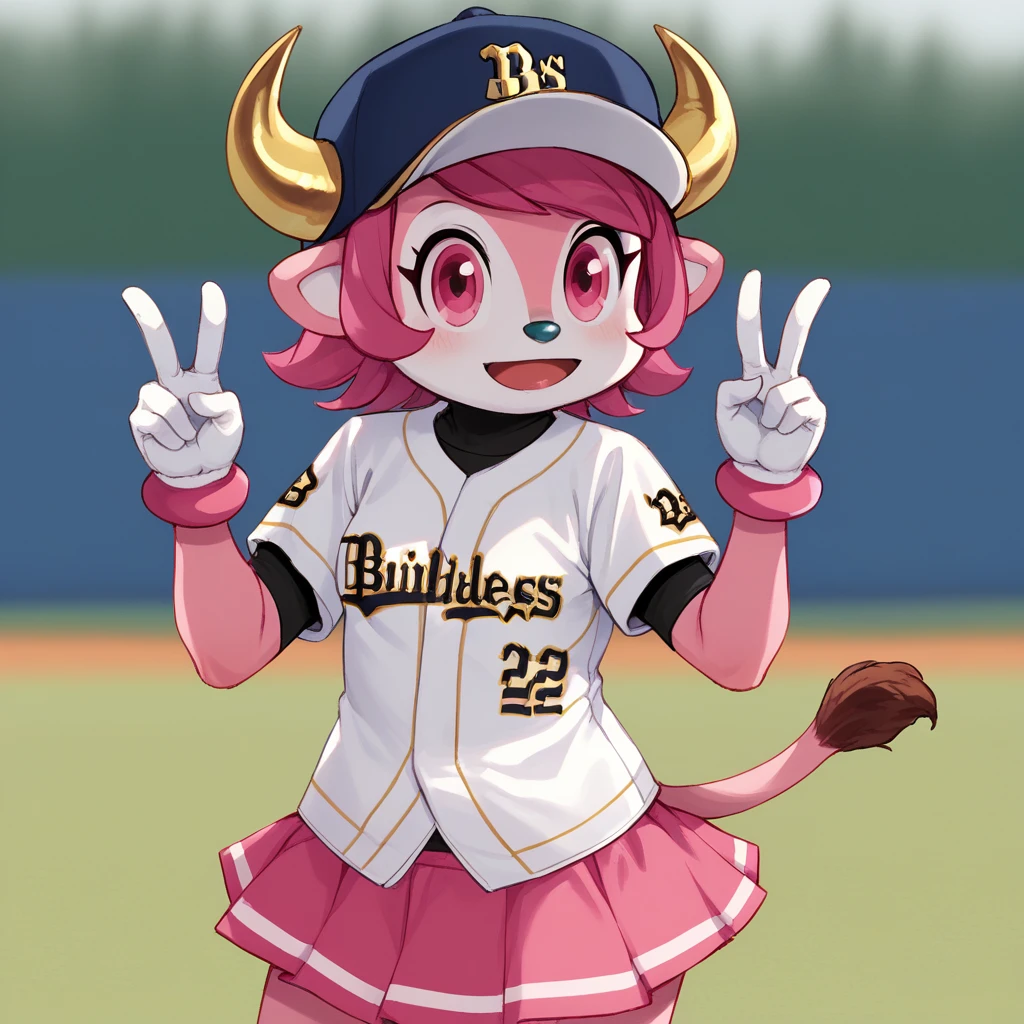 score_9_up, score_8_up, BREAK, BuffaloBell, 1girl, solo, mascot, pink hair, short hair, pink eyes, horns, hat, baseball shirt, pink skirt, tail, white gloves, cowboy shot, double v,  <lora:BuffaloBell_Baseball_PXL_Leaf1:1>, depth of field,