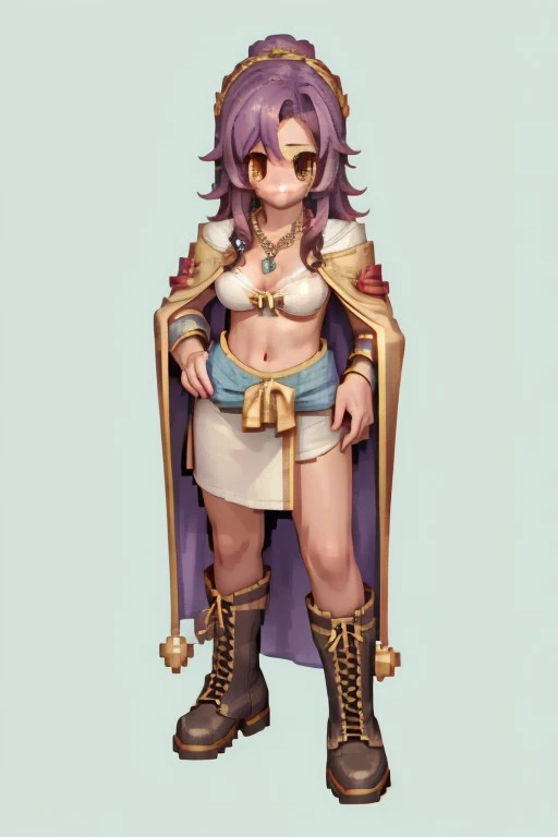 1girl, pixel art, 2D-HD style, isometric view, Ragnarok Online inspired, Octopath Traveler lighting, athletic build, medium breasts, long purple hair, wavy, gold eyes, simple background, transparent background, full body pose, standing 3/4 view, tunic in blue, cloak in white, combat boots in brown, headband, necklace, bow (if applicable), hand on hip, confident pose, detailed pixel shading, high contrast lighting, soft shadow underneath, 32-bit color palette, 256x256 resolution, crisp edges, no anti-aliasing, underboobs,ROSprite, persistent, coherent, consistent ,ROSspriteEX nsfw