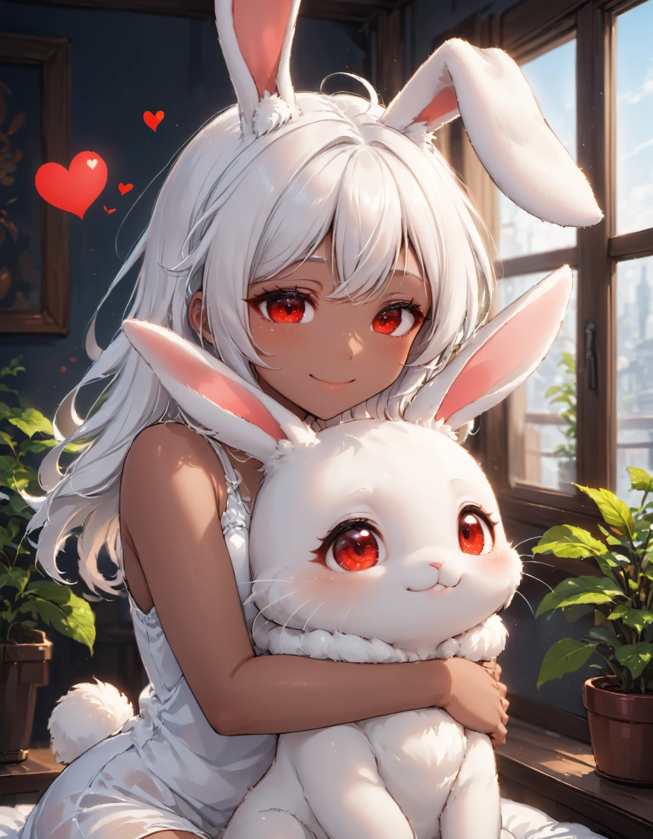 The image is an illustration of a young woman with long white hair and red eyes. She is wearing a white tank top and has a pair of bunny ears on her head. The woman is holding a white rabbit in her arms and is kissing it tenderly. The rabbit has its eyes closed and appears to be sleeping. The background is a room with a window and a plant. The overall mood of the image is peaceful and serene. dark_skin, rating:safe, white_hair, heart, animal_ears, 1girl, red_eyes, long_hair, parted_bangs, bunny_ears, hug, bare_shoulders, window, smile, half-closed_eyes, indoors, looking_at_viewer, one_eye_closed