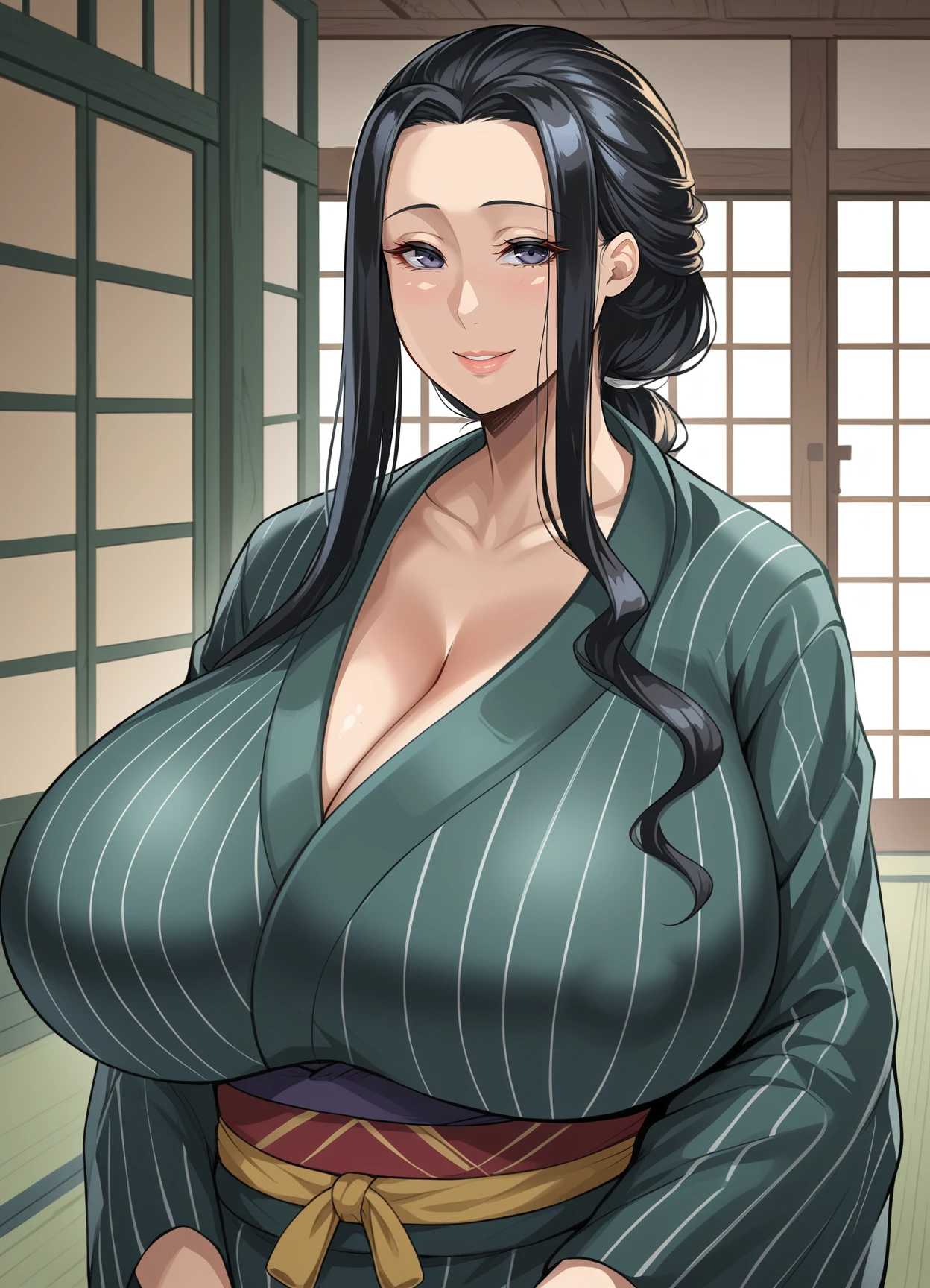 <lora:Remu_Yotogi-mura:0.85>,mm,mature female,1girl,solo,black hair,huge breasts,long hair,kimono,upper body, looking at viewer, smile,indoors