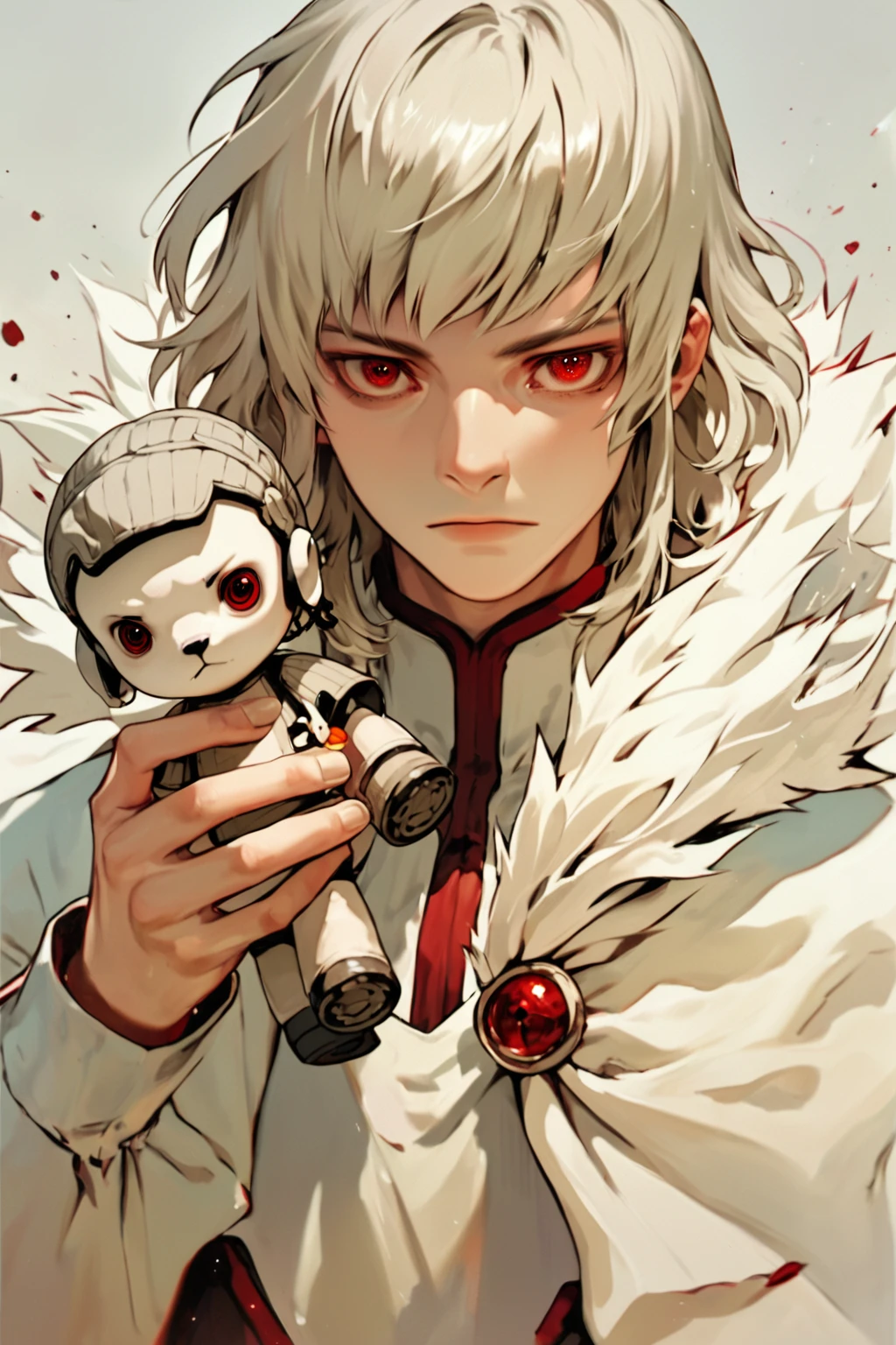 brother one, solo male focus, platinum hair, bob hairstyle, iridescent red eyes, gesturing grandiosely, holding cute toy, heroic pose, <lora:brotheronePXL:0.6>, (score_9, score_8_up, score_7_up)