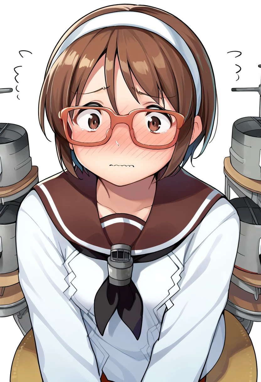 score_9, score_8, score_7, source_anime, natori (kancolle), hairband, turret, cannon, nose blush, closed mouth, glasses, wavy mouth, black neckerchief, parted lips, embarrassed